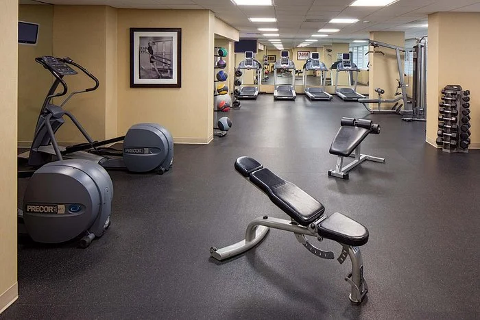 Empty gym with exercise machines, including elliptical trainers, a sit-up bench, and treadmills in the background.
