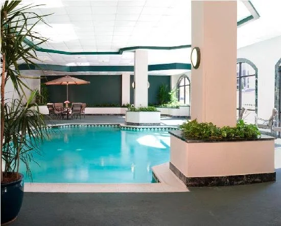 Indoor swimming pool area with lounge chairs, an umbrella, plants, and large windows.