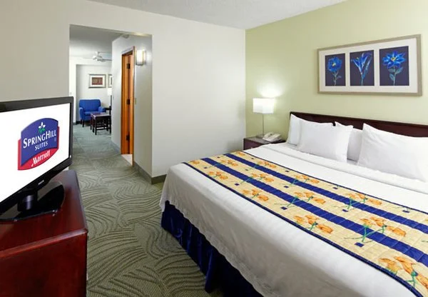 Hotel room with a large bed, white bedding, and a colorful floral runner. There are three framed flower pictures on the wall and a bedside lamp. A television is on a small wooden stand, and a doorway leads to a seating area with blue chairs.