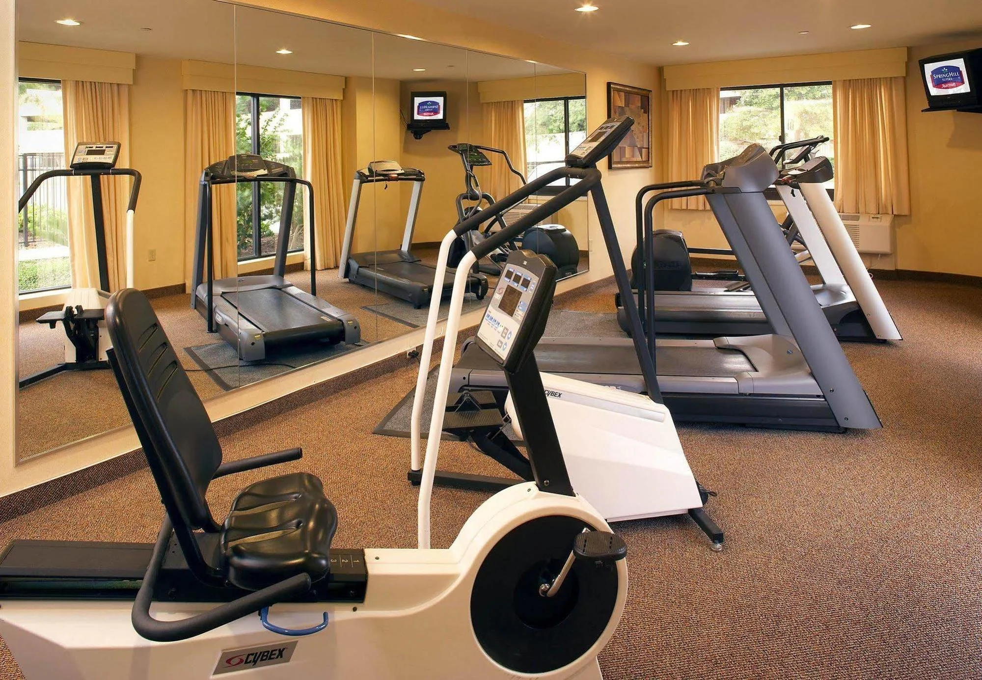 Room with multiple treadmills and an exercise bike, large mirror on wall, windows with curtains, and small wall-mounted TV.
