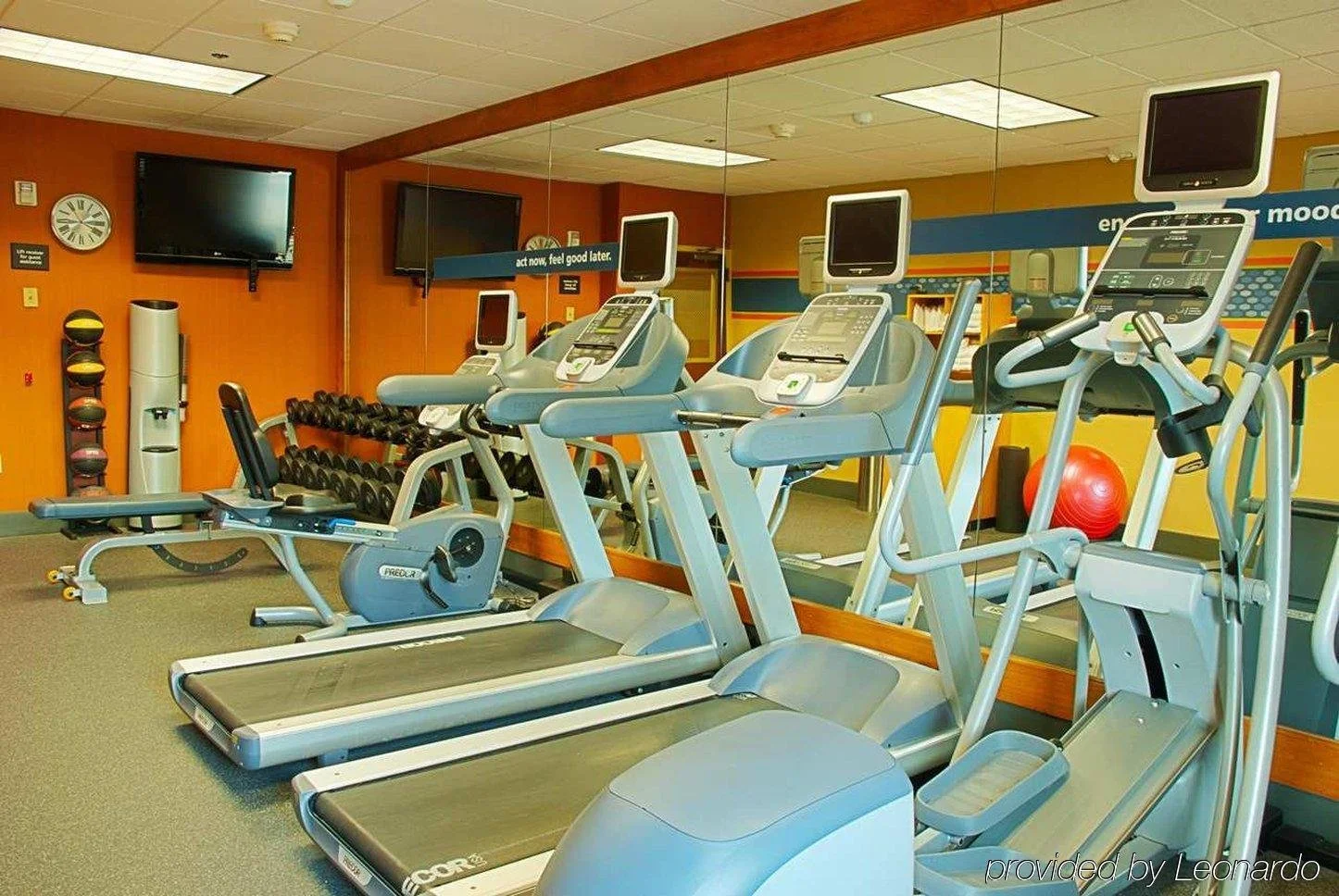 Fitness center with treadmills, elliptical machines, dumbbells, exercise ball, and TVs.