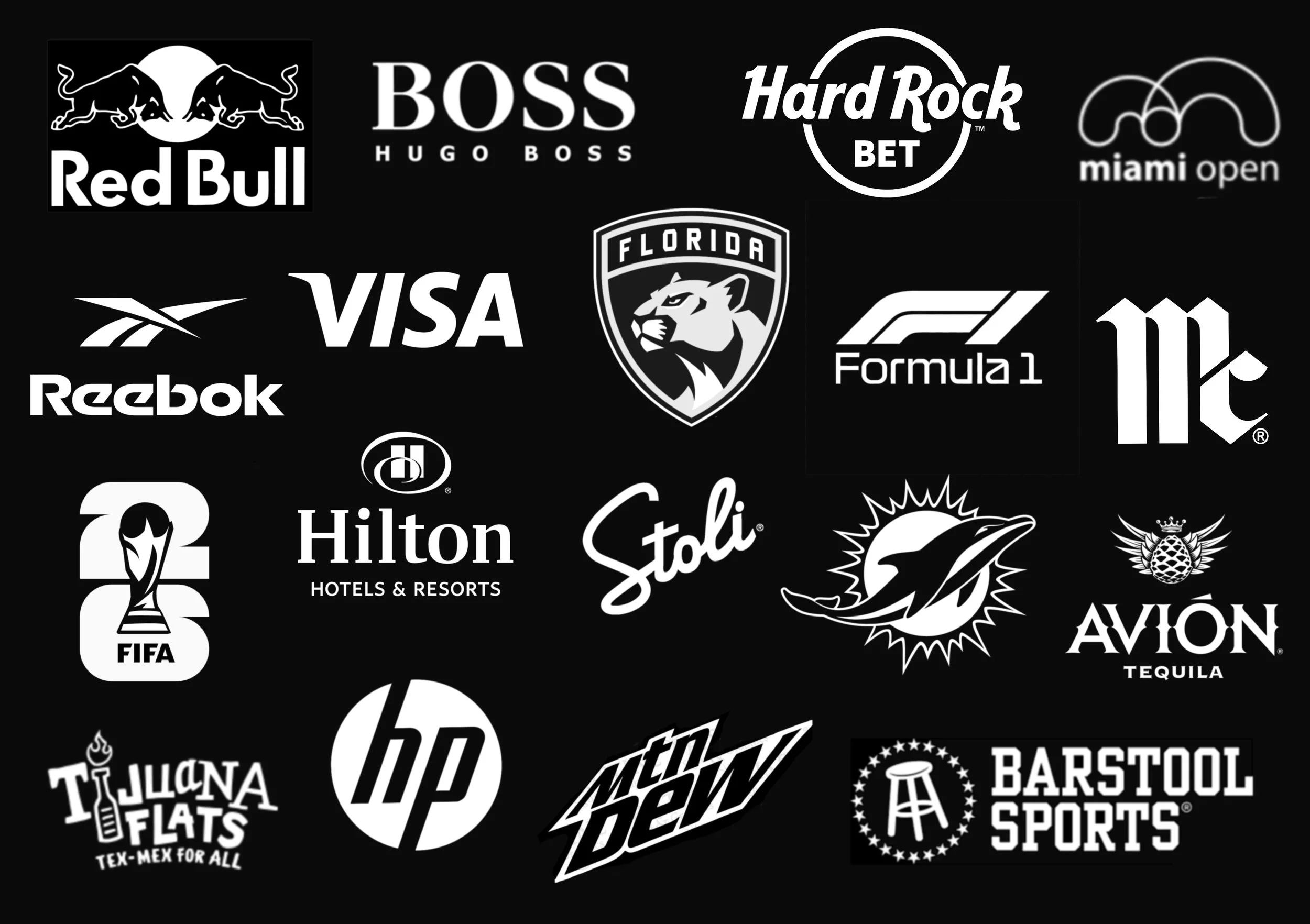 A collection of various black and white logos of brands and organizations, including Red Bull, BOSS, Hard Rock Bet, Miami Open, Visa, Florida, Reebok, Hilton, Stoli, FIFA, Avion Tequila, Taco Flats, HP, Mountain Dew, and Barstool Sports.