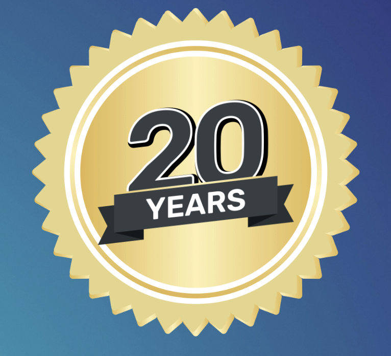 Gold and black badge with the text "20 YEARS" celebrating a 20-year milestone.
