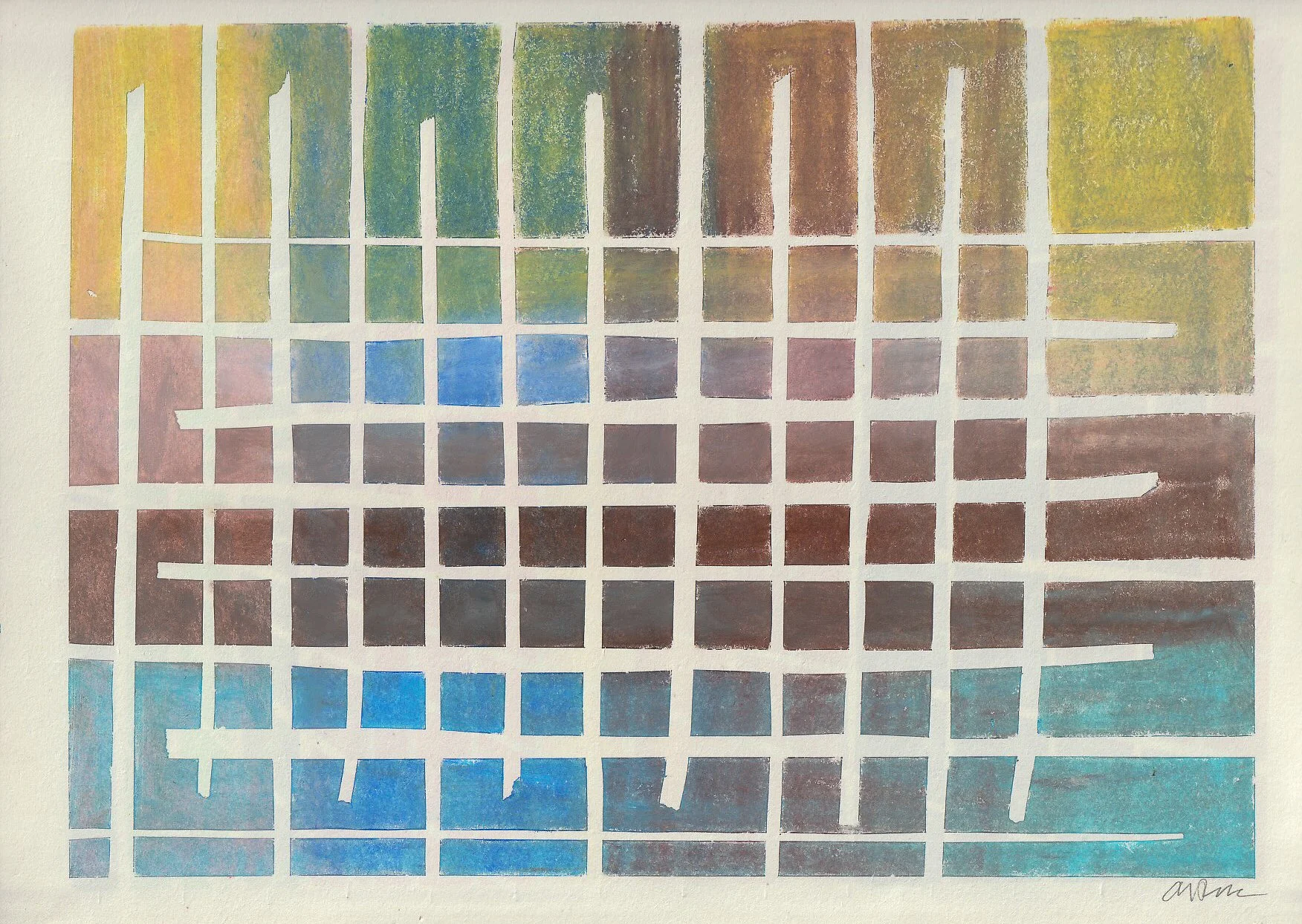 Colorful abstract art piece with a grid pattern of squares in varying shades, creating a rainbow effect with a mix of colors including yellow, green, blue, purple, and brown.