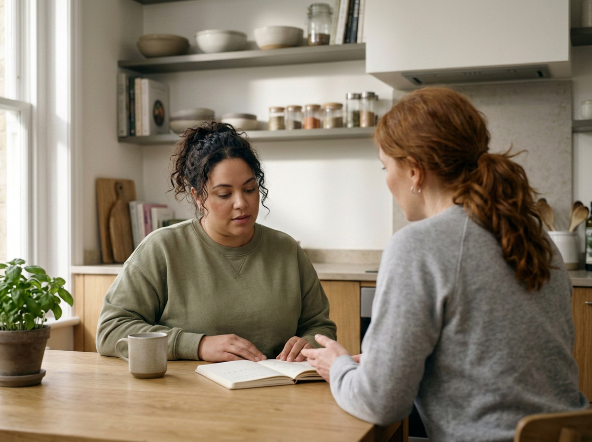 Two women sit at a kitchen table, one reading a notebook while the other listens. A potted plant, cups, and kitchen shelves with bowls and jars are visible in the background.