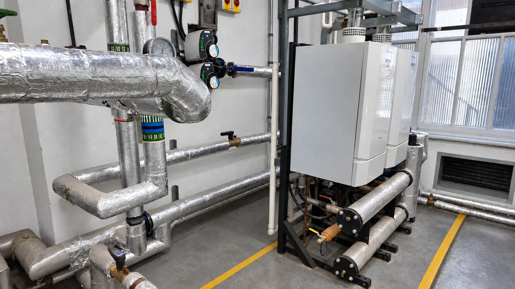 Twin condensing boilers and circulation pumps at 17–21 Sloane Court West, London