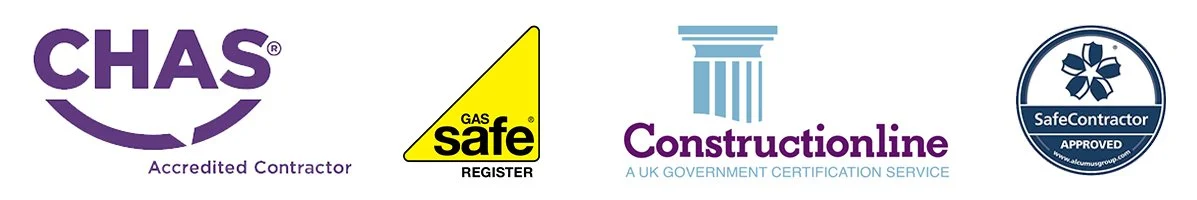 Logos of construction and safety certification companies: CHAS Accredited Contractor, Gas Safe Register, Constructionline UK certification, and SafeContractor approved.
