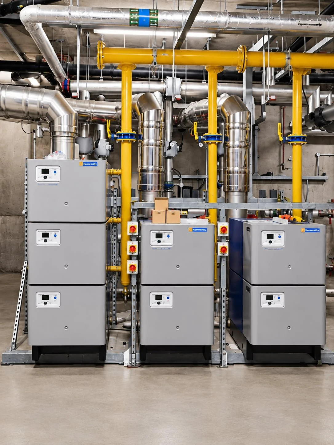New communal plant room at Stafford Court, London, with condensing boilers and control panel
