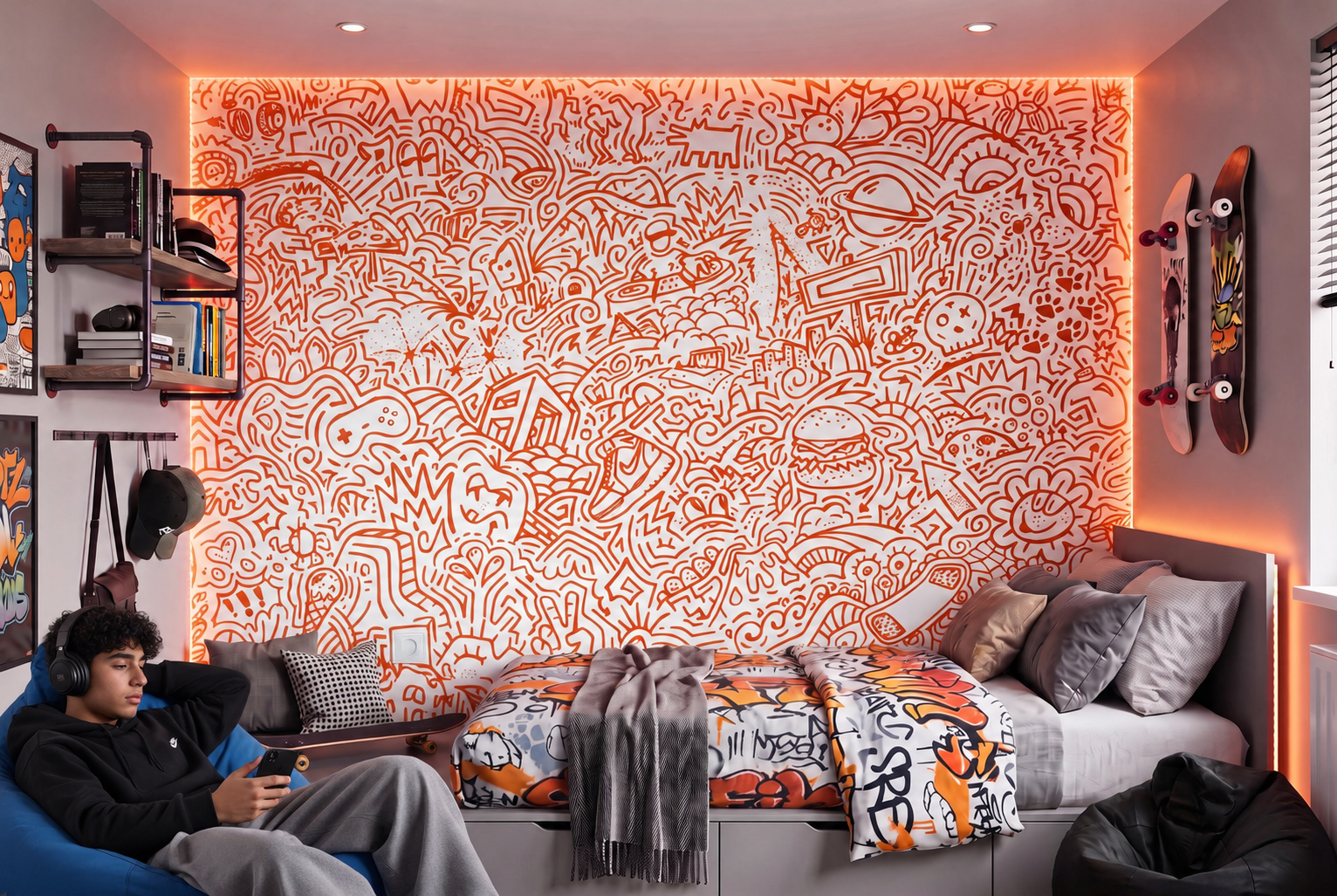 Chambre avec mur en graffiti orange et blanc, éclairage LED orange, un lit avec des draps à motifs colorés, un garçon avec des écouteurs et un smartphone, une étagère avec livres et accessoires, deux skateboards sur le mur à droite, une fenêtre avec des stores, un fauteuil bleu avec un casque et des vêtements.