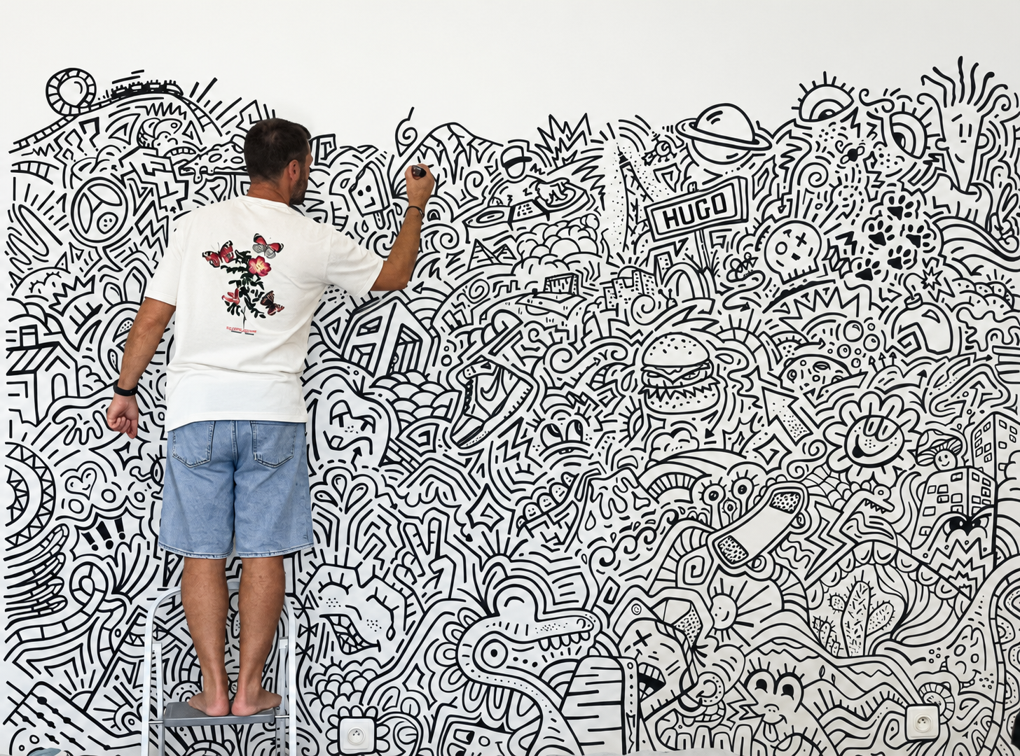 Un homme dessine un graffiti noir et blanc sur un mur blanc rempli de doodles et illustrations diverses.