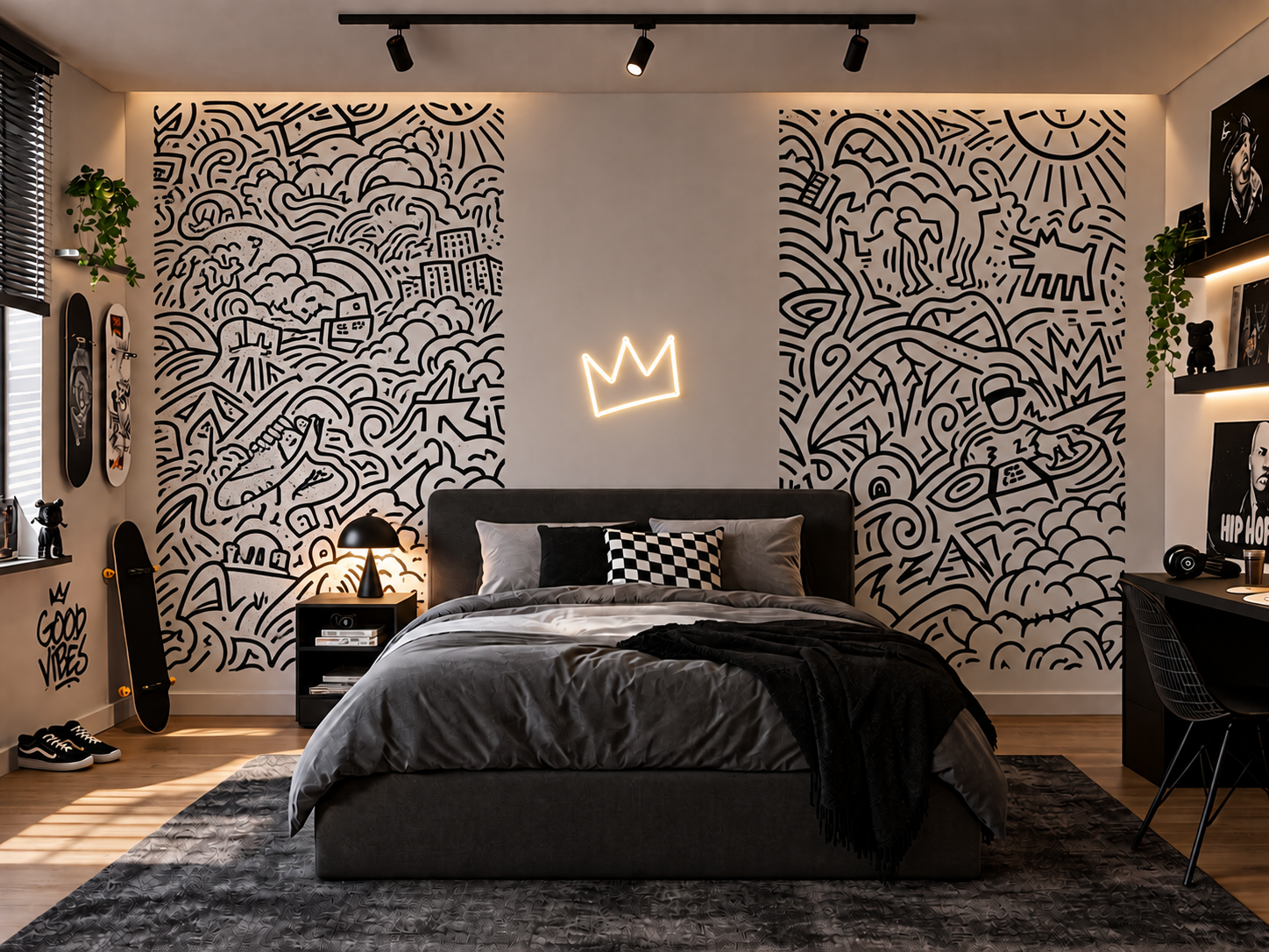 Chambre avec mur de dessins noirs et blancs, lit avec coussins noir et blanc, lampes modernes, décorations urbaines et street art, skateboard à côté de la fenêtre, atmosphère contemporaine et dynamique.