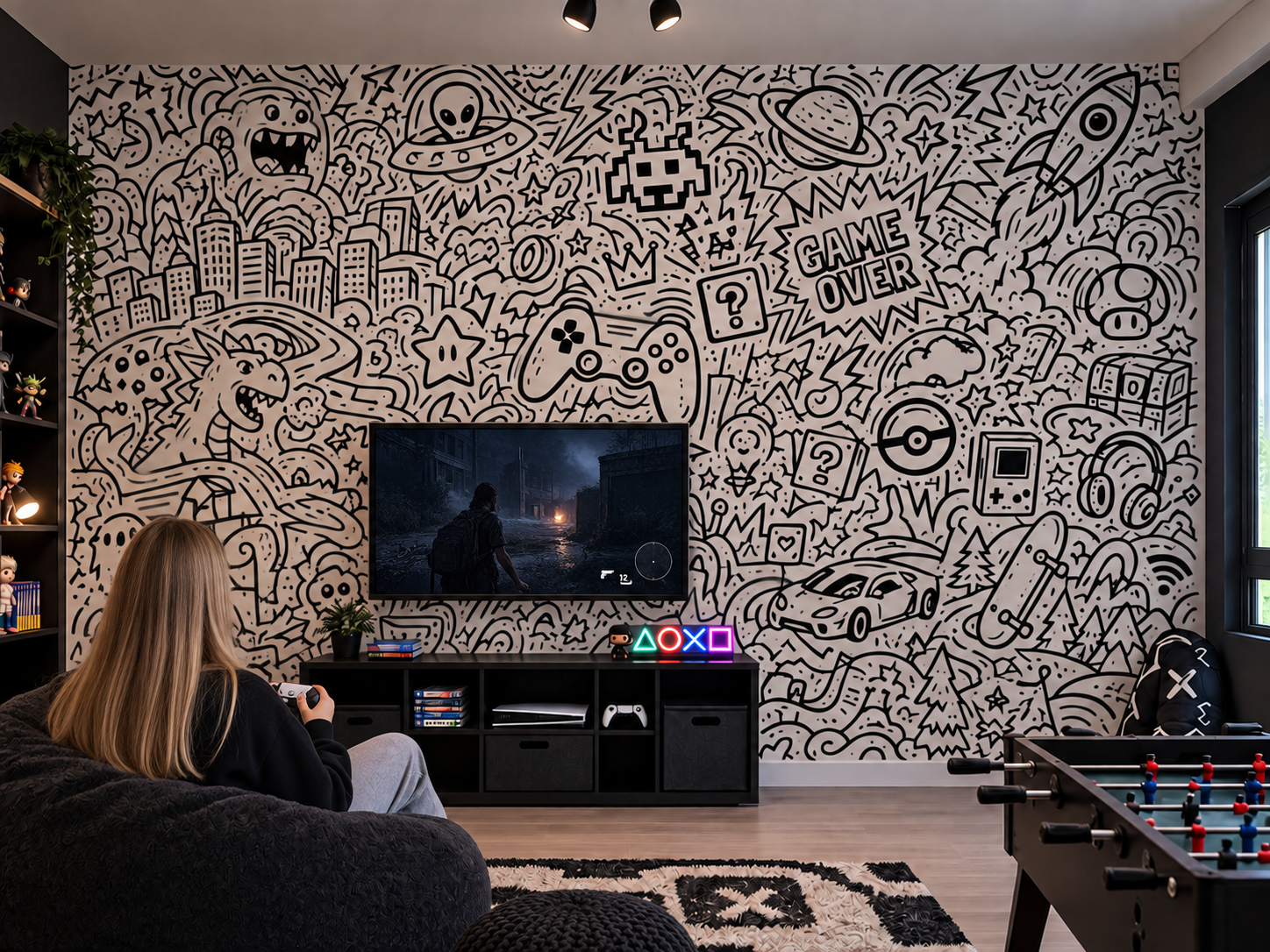 Salon de jeux avec mur noir et blanc à motifs de dessins de jeux vidéo et d'éléments de culture pop, grand écran de télévision, étagère avec figurines, console de jeux, et une personne assise sur un canapé jouant à une manette.