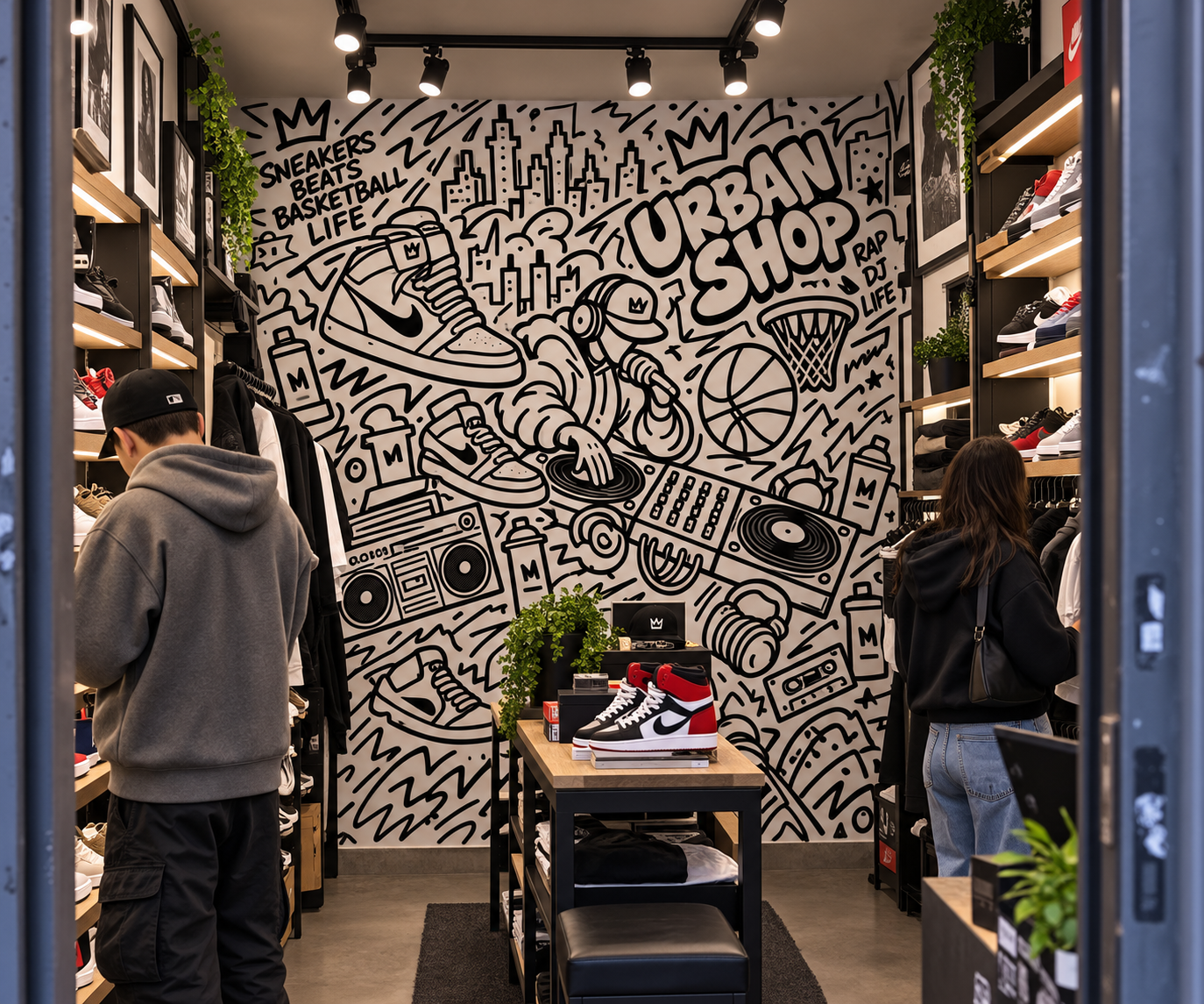 Intérieur d'un magasin de chaussures avec un mur de graffiti en arrière-plan représentant un DJ, des baskets, et des éléments liés à la culture urbaine, avec des clients regardant des sneakers sur les étagères.