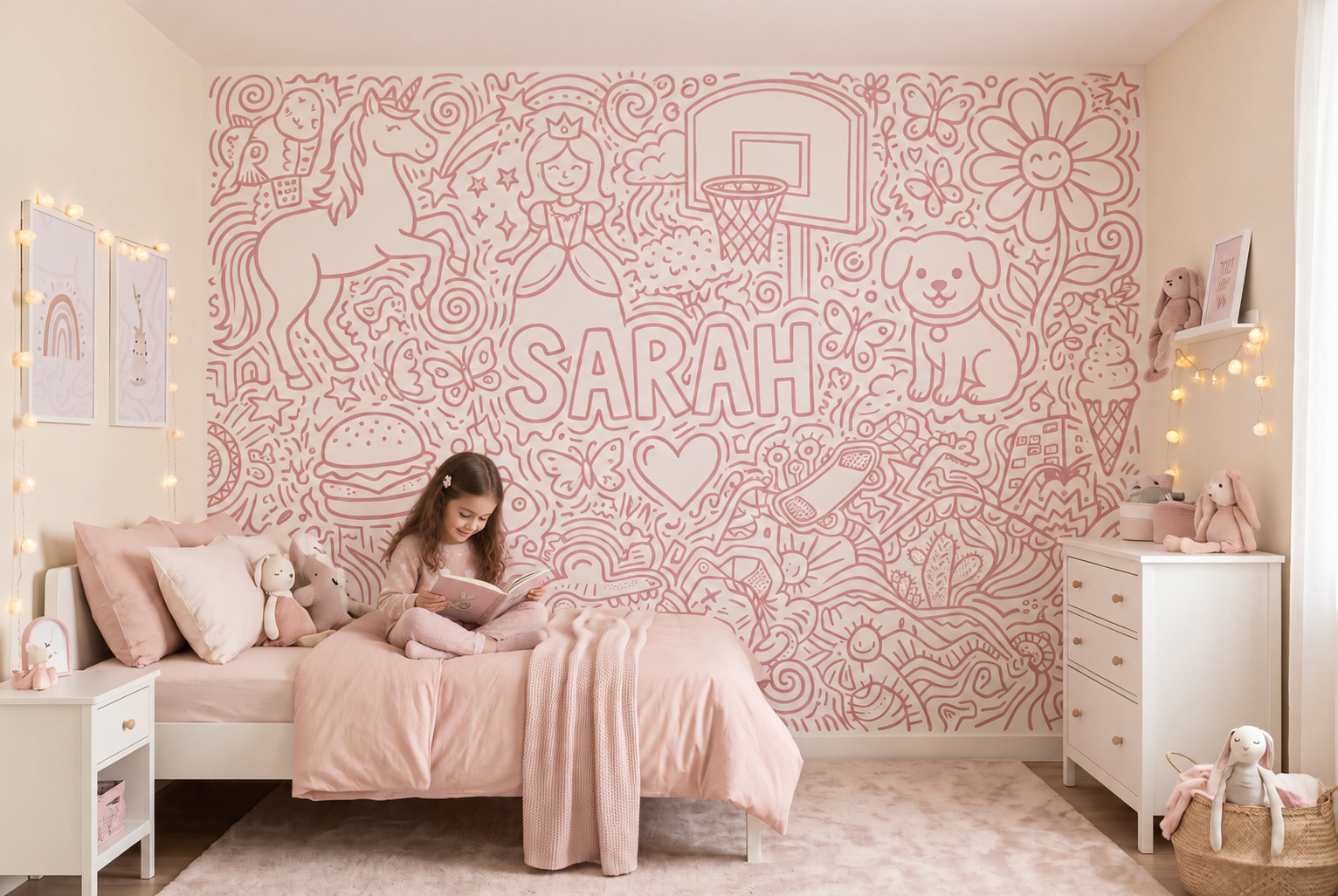Chambre de fille avec mur d'ornerie rose avec dessins et le nom Sarah. Petite fille assise sur le lit lit la lecture, décorée avec peluches, guirlande lumineuse et meubles blancs.