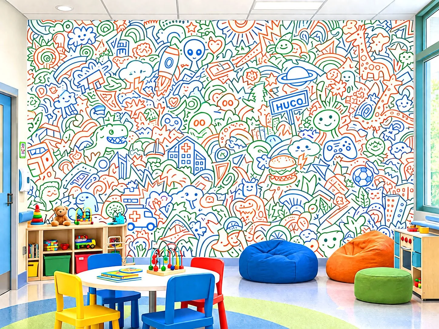 Murale artistique colorée dans une salle de jeux pour enfants avec des illustrations de dessins animés, animaux, objets divers et éléments fantaisistes en couleurs vives, entourée de meubles colorés et d'objets pour enfants.