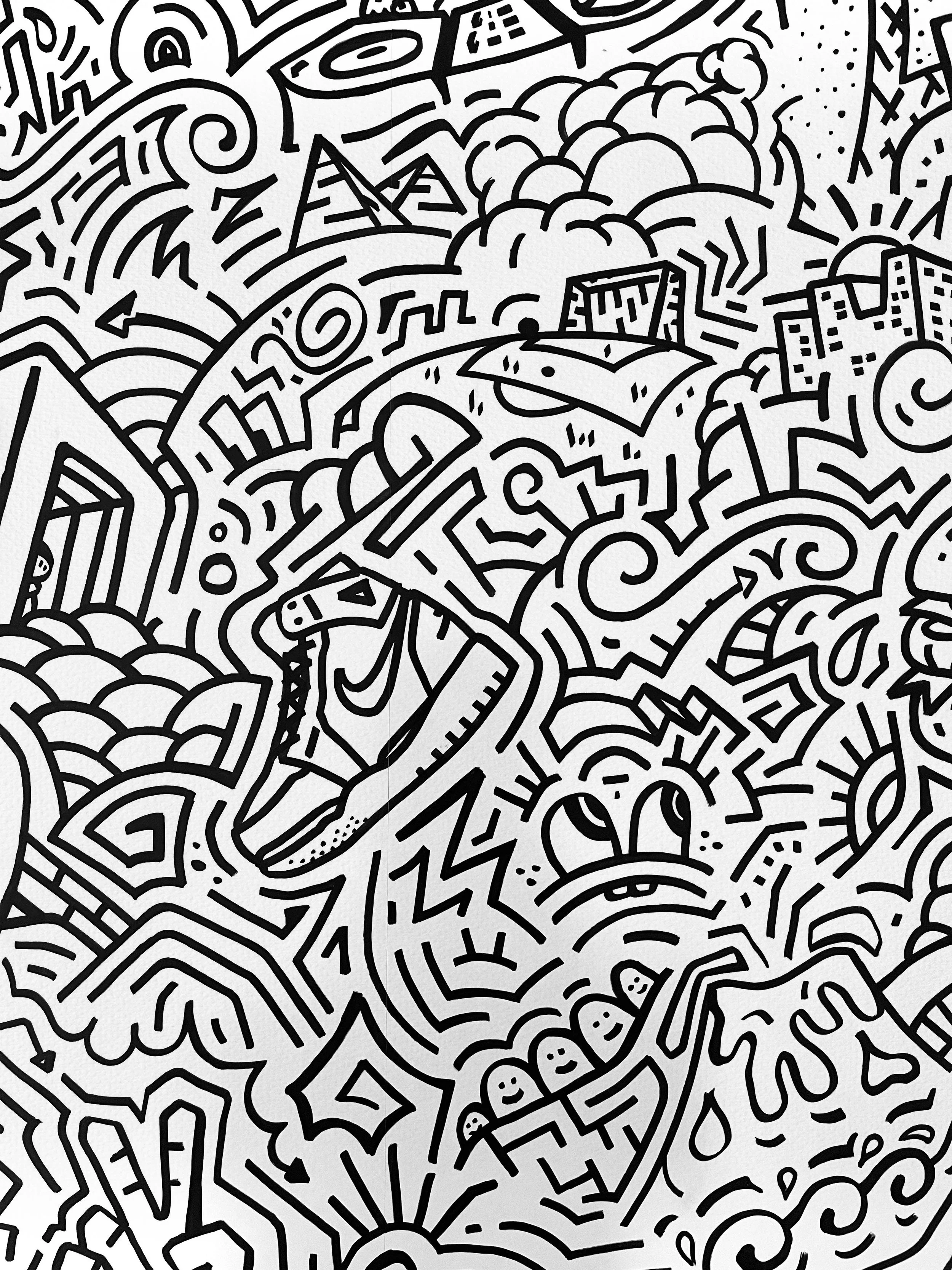 Une illustration de style dessin en ligne monochrome avec des motifs abstraits, des formes géométriques et des éléments urbains.