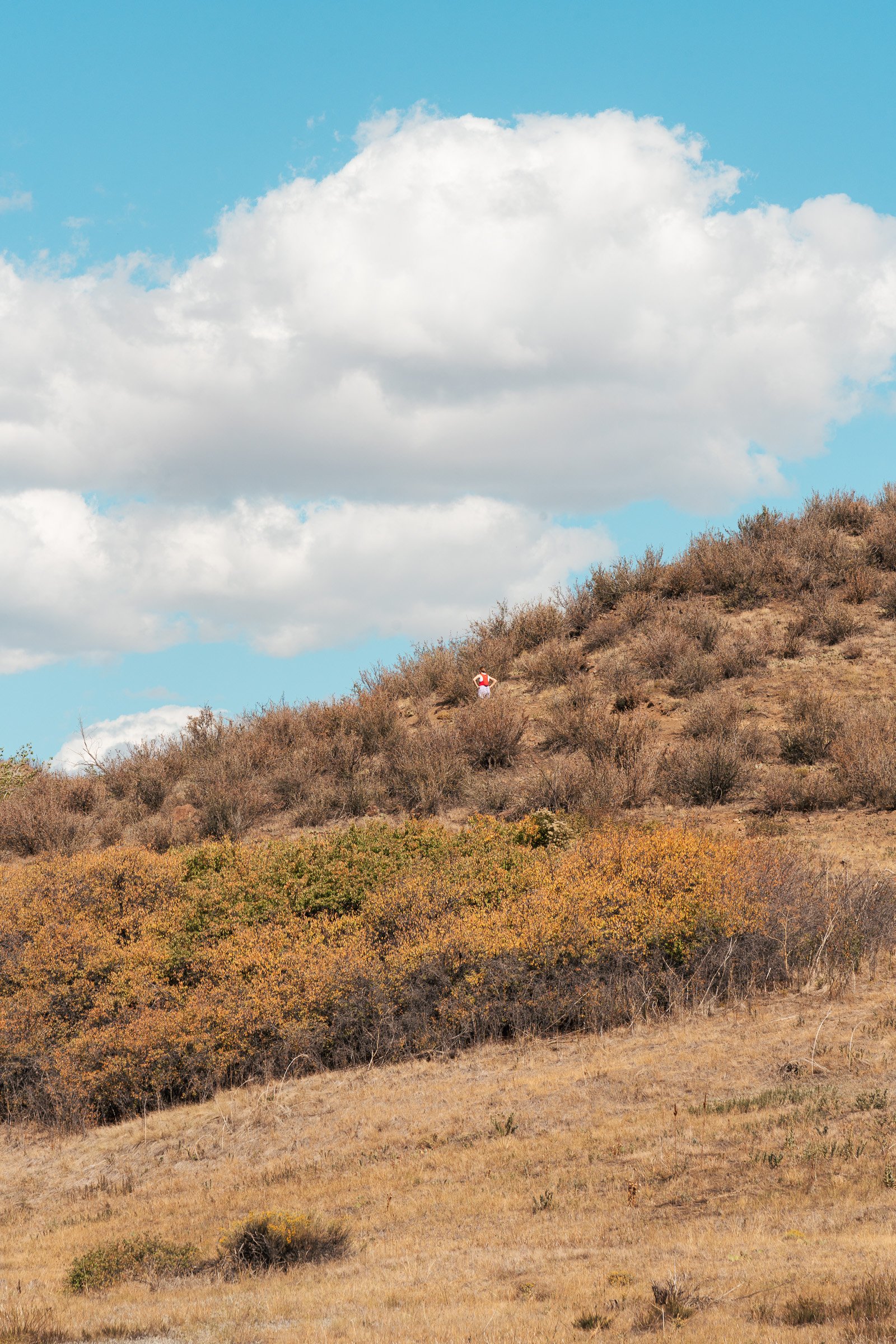 A distant hiker crossing a hillside beneath a large blue sky.