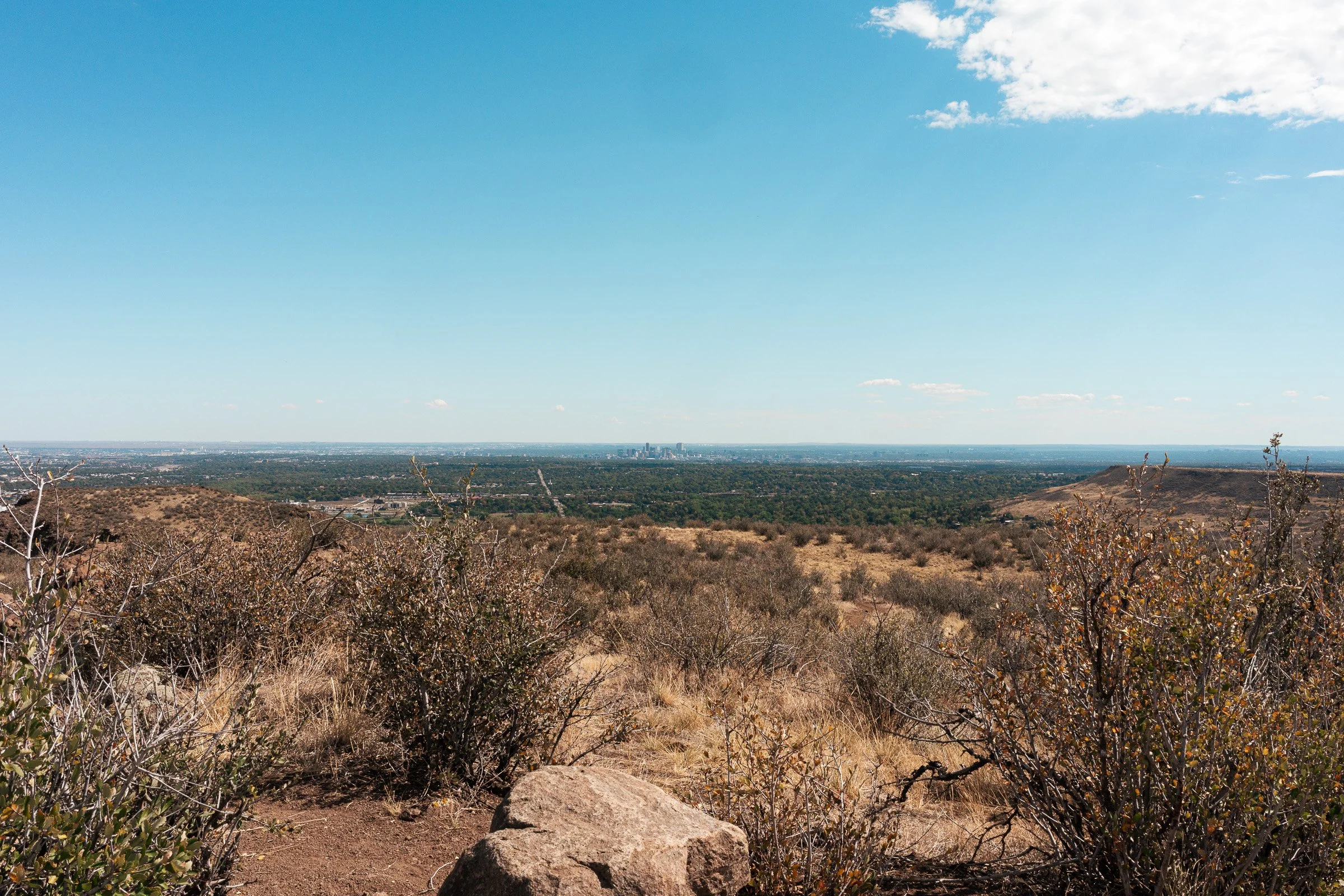 A wide view toward Denver from the trails above Golden.
