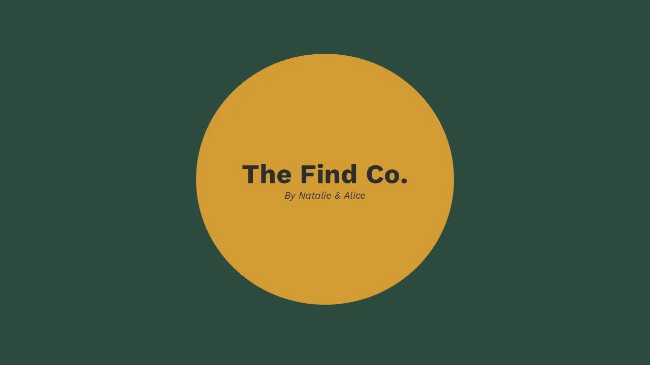 A dark green background with a large yellow circle in the center containing the text "The Find Co." and "By Natalie & Alice" beneath it.