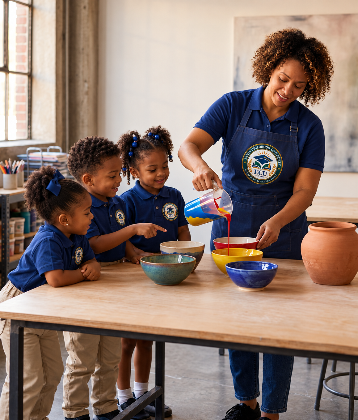A teacher pouring yellow liquid into a yellow bowl with four young girls watching and smiling in a classroom.