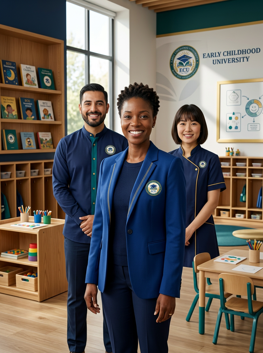 Three diverse professionals standing inside a childhood education classroom with educational materials, bookshelves, and a window in the background, representing a childcare or early childhood education setting.
