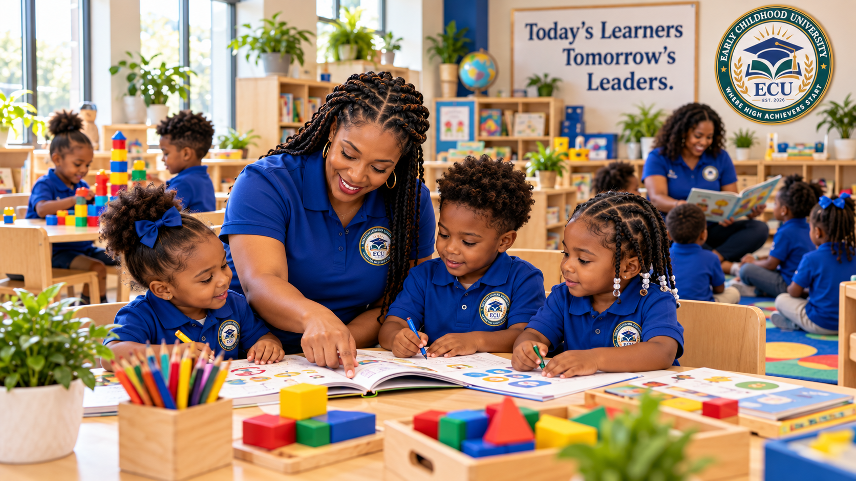 Educators and children in a classroom reading and playing with books and educational toys, wearing matching blue uniforms with an ECU badge, with bookshelves, plants, and colorful educational materials in the background.