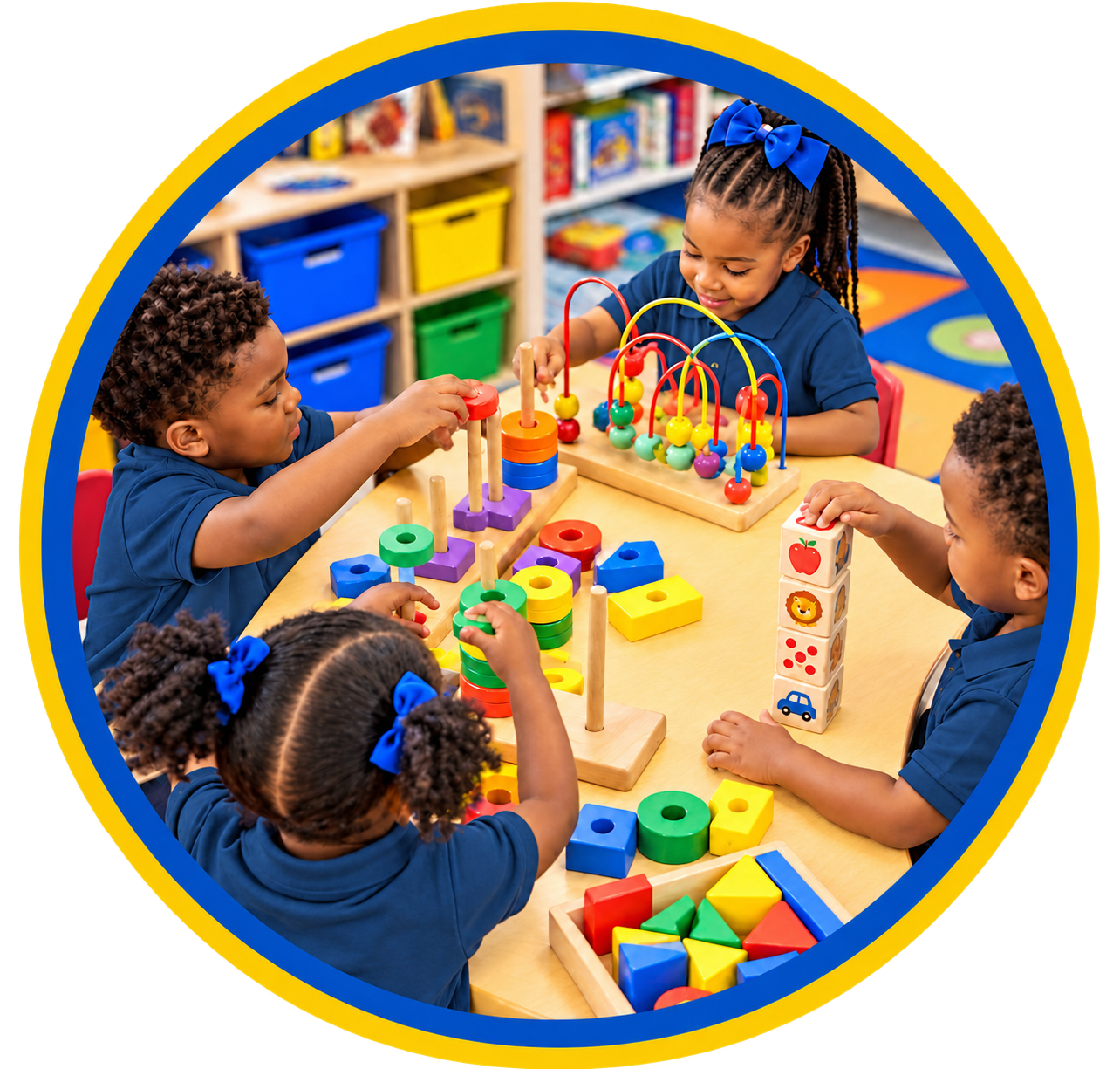Group of young children playing with educational toys at a table in a classroom