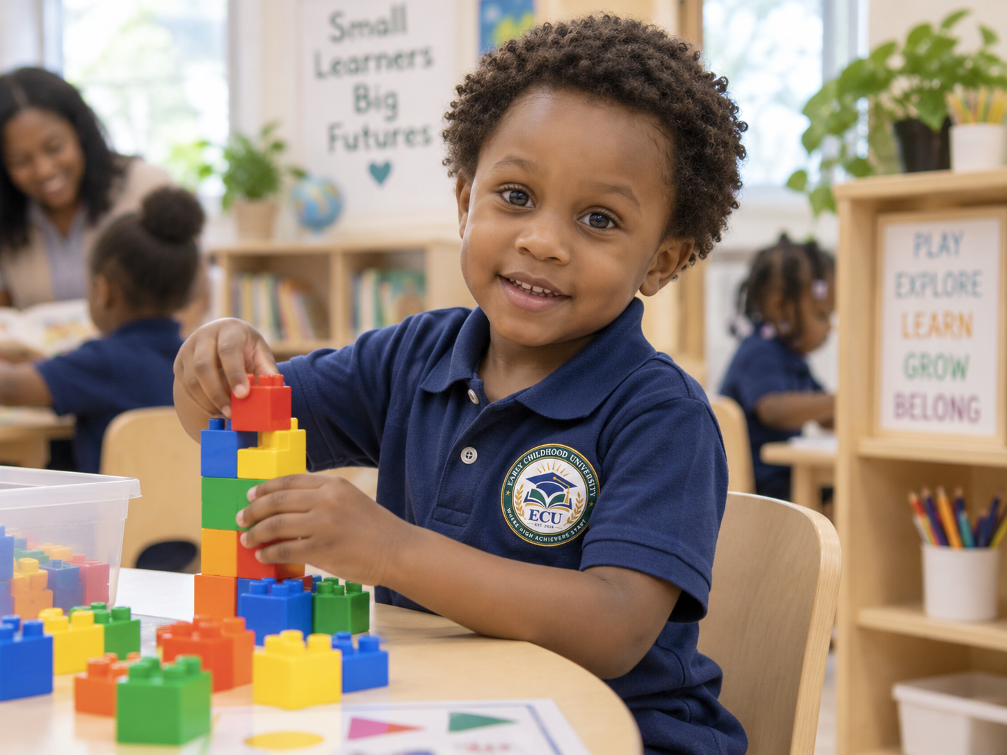 Young boy with curly hair wearing a navy blue polo shirt with a school emblem, smiling and stacking colorful building blocks in a classroom. In the background, two other children, a woman, bookshelves, and posters with educational messages are visible.
