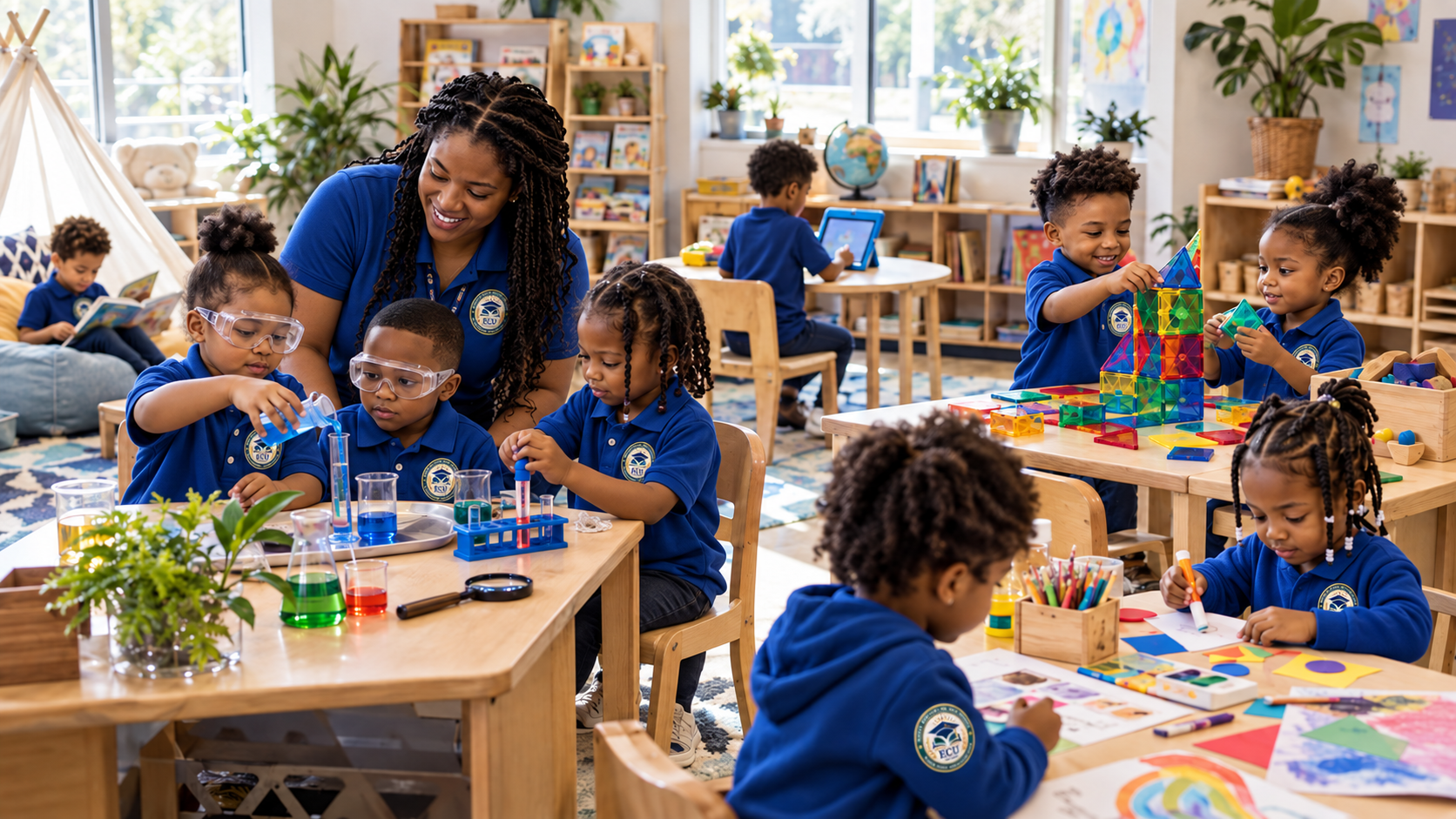 Young children in a classroom wearing blue uniforms with a school logo, engaged in various activities like science experiments, arts and crafts, and playing with building blocks, supervised by a smiling teacher.