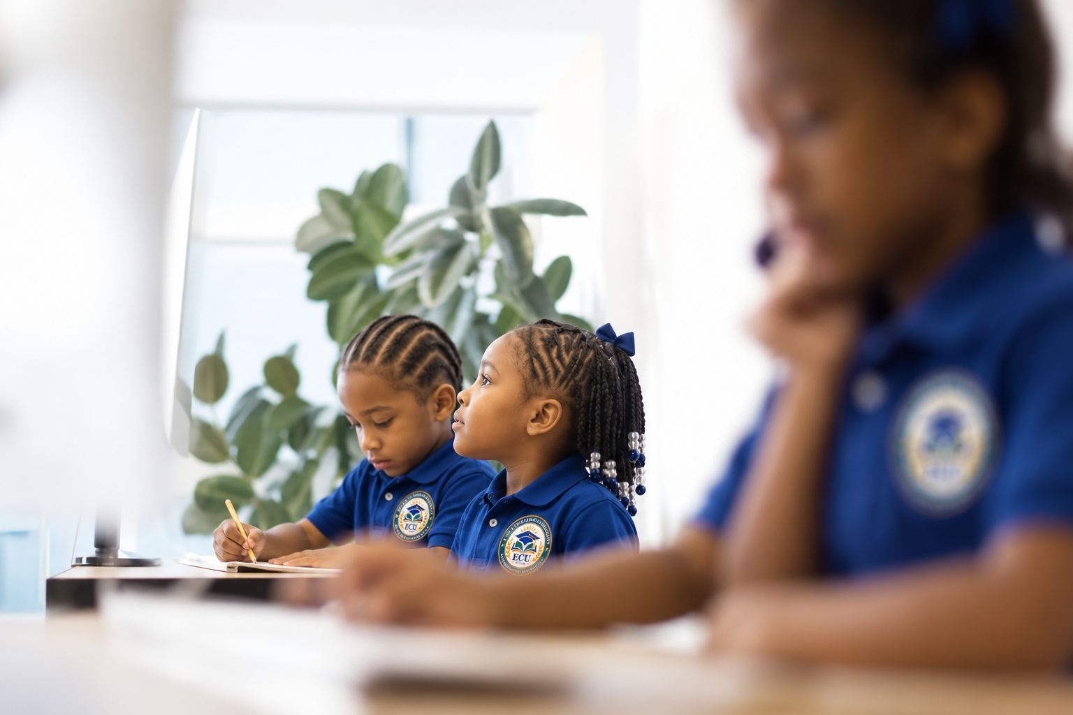 Three young children sitting at a table in school uniforms, paying attention in class, with a teacher in the foreground and a plant in the background.