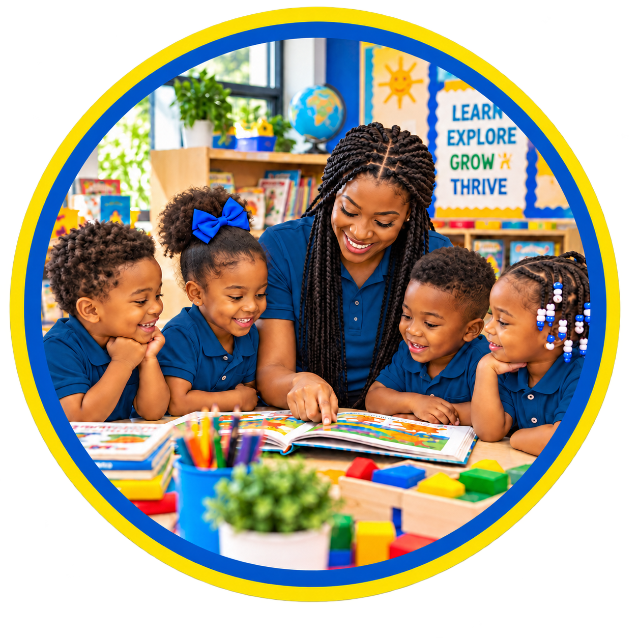 A teacher reading a colorful children's book aloud to four young children in a classroom, all dressed in blue uniforms, with educational posters and decorations in the background.