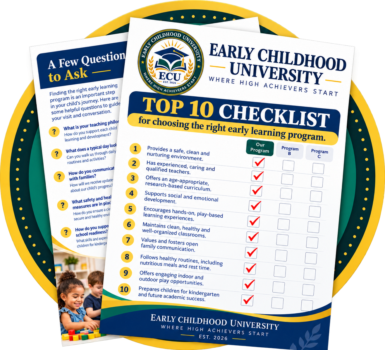 Brochure titled "Top 10 Checklist for choosing the right early learning program" from Early Childhood University, highlighting key criteria and a comparison chart with program options, featuring colorful design and logo.