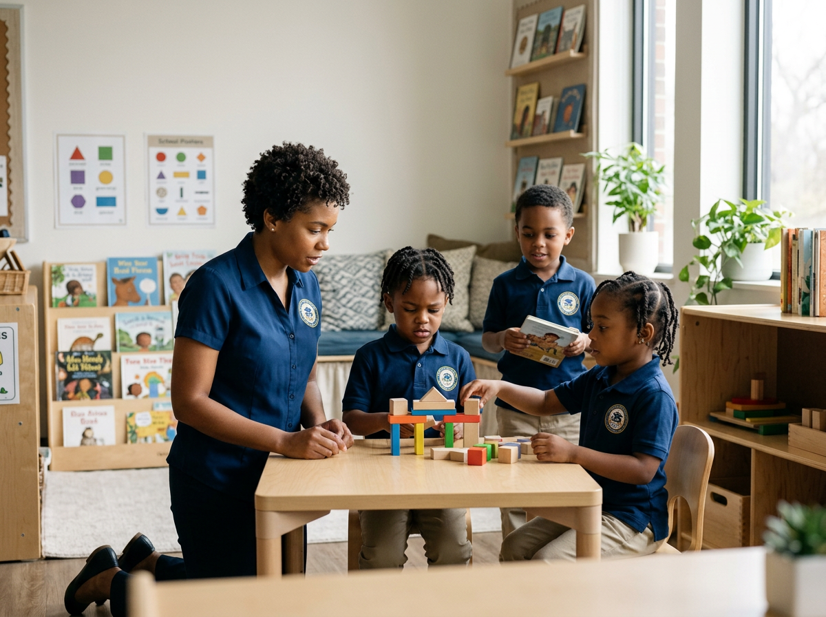 A teacher kneeling at a small table with four young children, all wearing navy blue shirts, playing with colorful wooden blocks in a bright classroom. Bookshelves and educational posters are visible in the background.