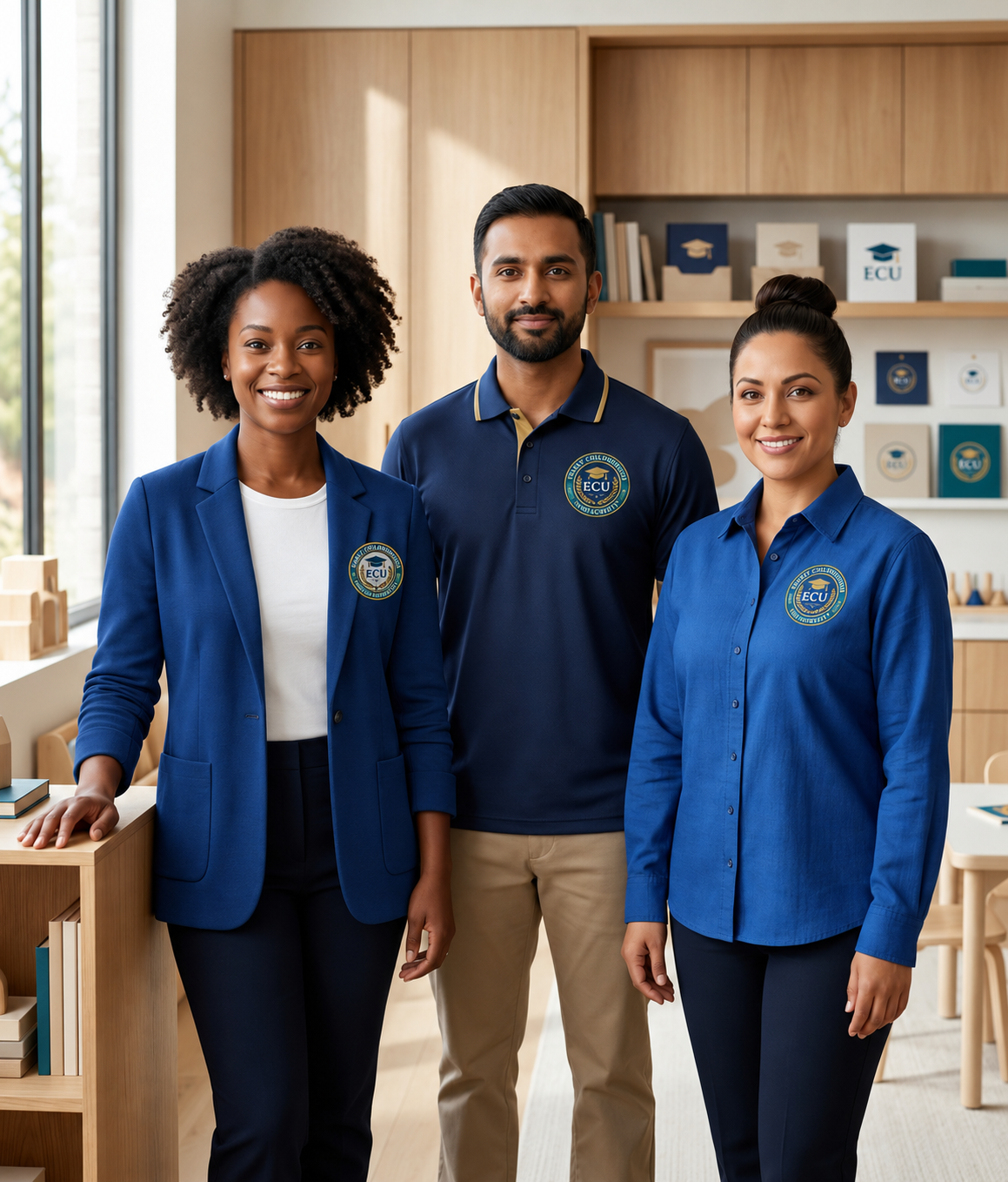 Three diverse students standing together in a library classroom, smiling, wearing blue EC Unity College uniforms.
