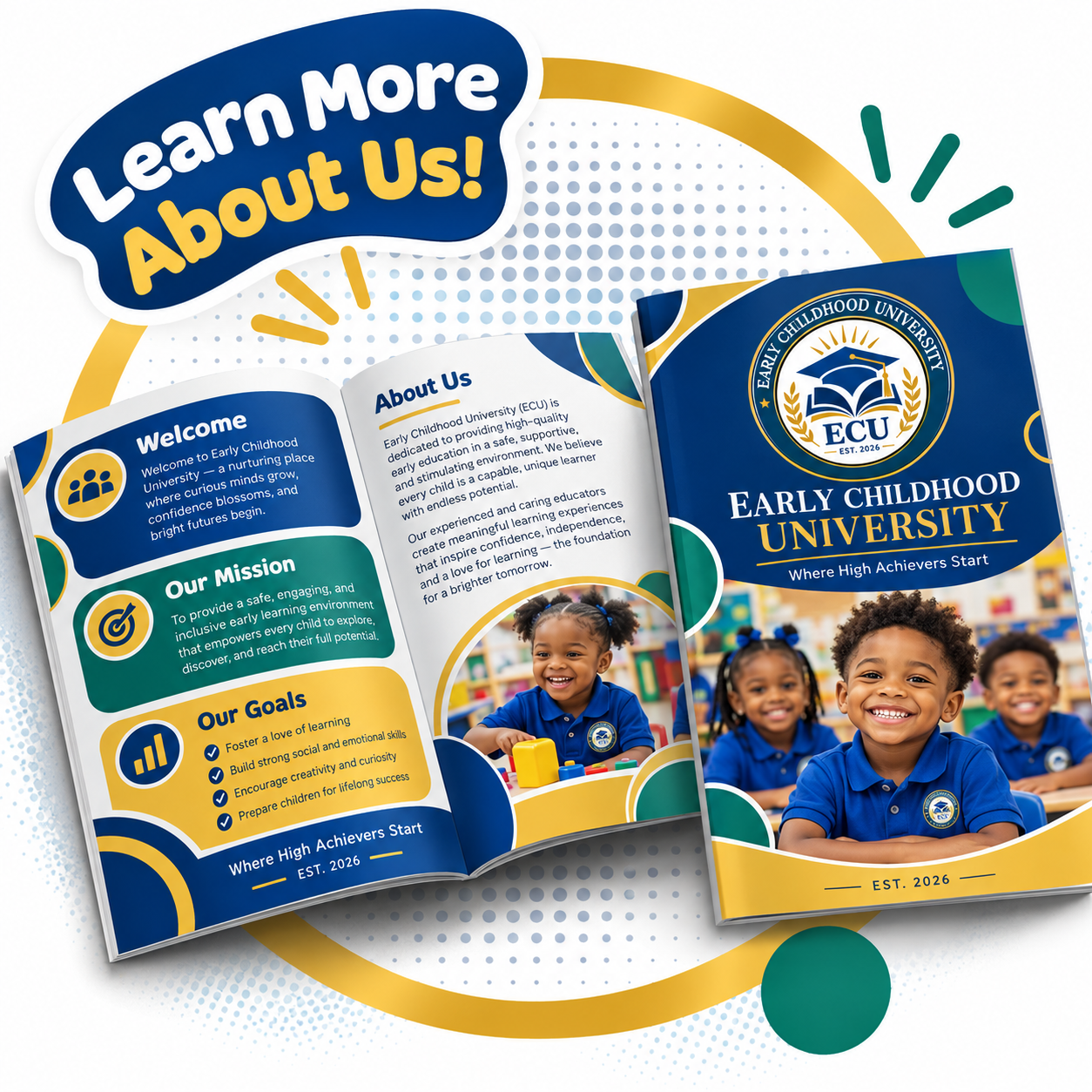 Brochure for Early Childhood University featuring children in blue uniforms, with sections about the school’s mission and goals.