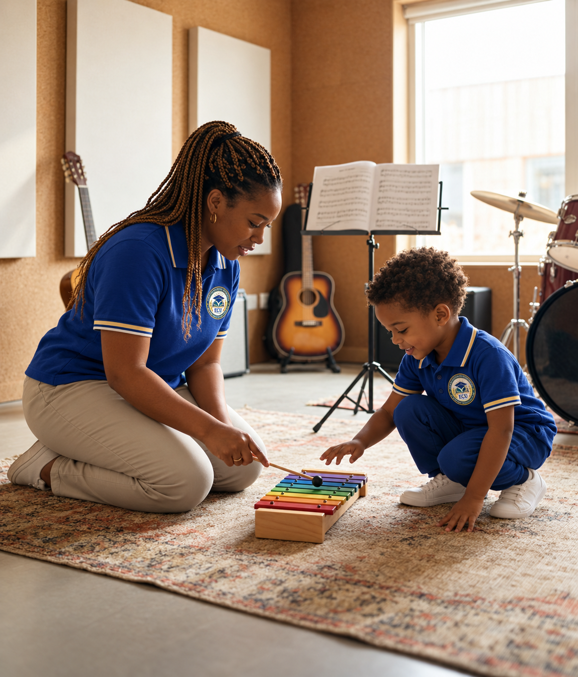 A woman and a young boy playing a xylophone on a carpeted floor in a music room with guitars, a drum set, and music stand in the background.