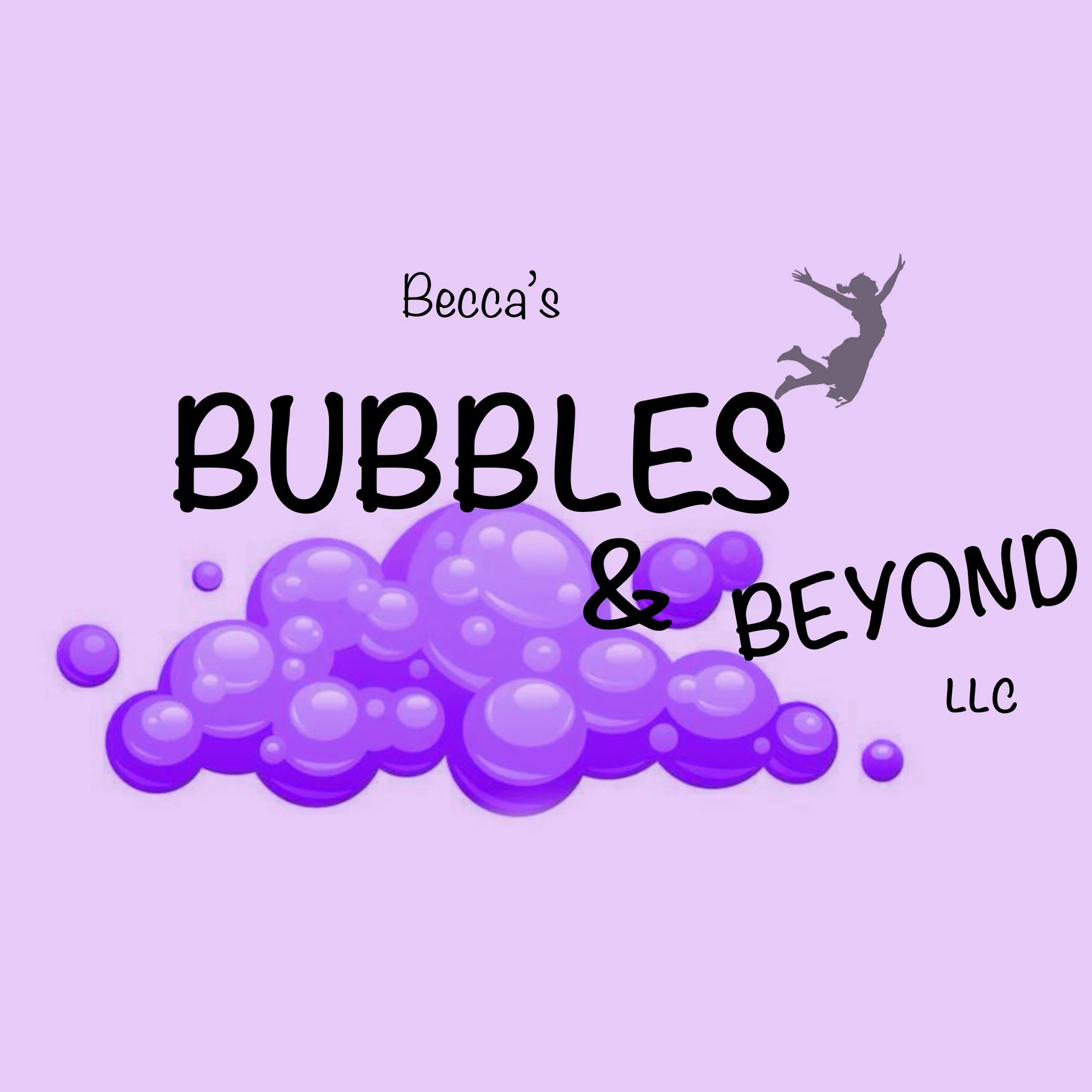 A logo for Becca's Bubble & Beyond LLC features a purple cluster of bubbles and a silhouette of a person jumping with arms raised on a light purple background.
