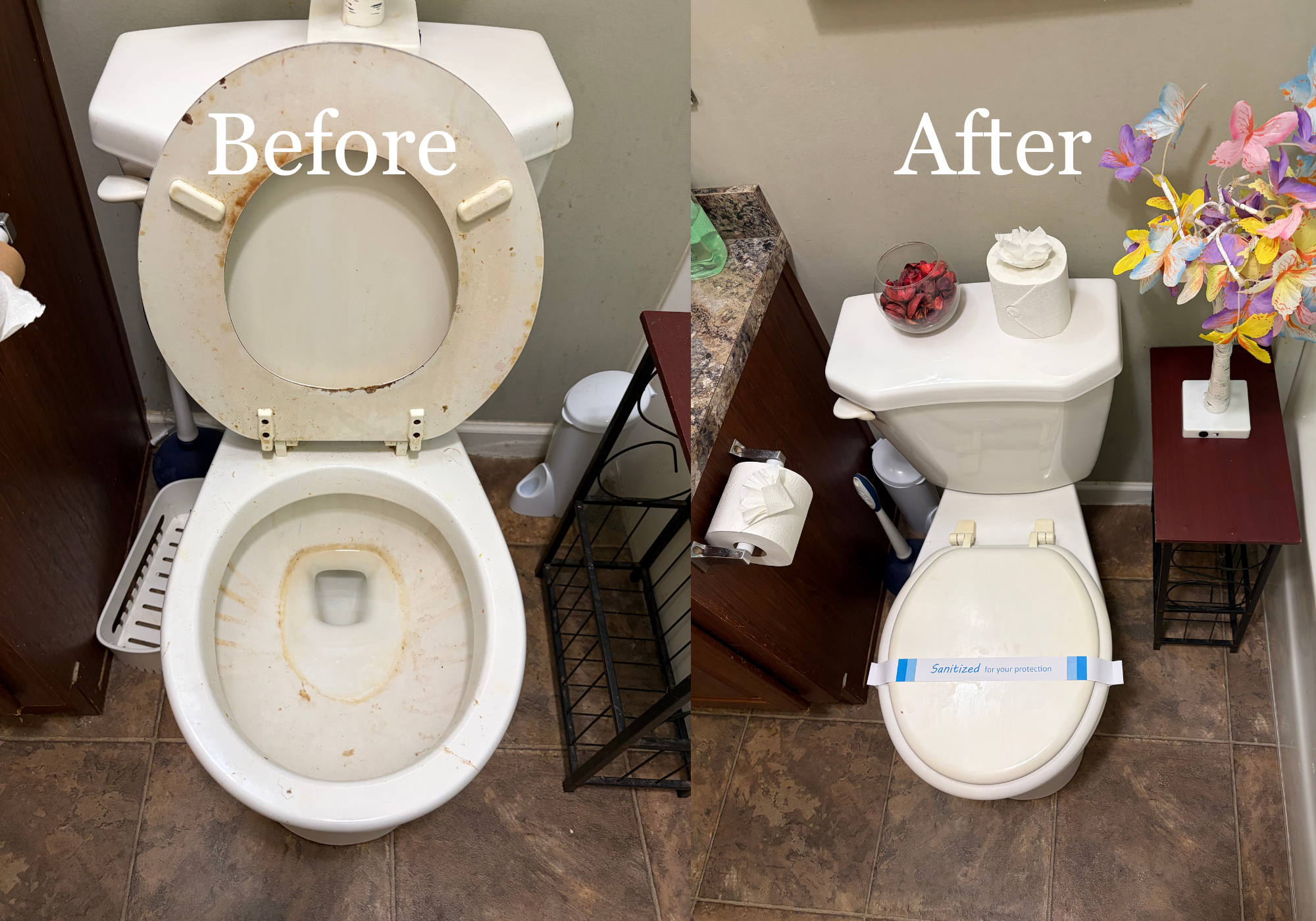 Comparison of a dirty, stained toilet before cleaning on the left and a clean, sanitized toilet with fresh flowers and tissue on the right.