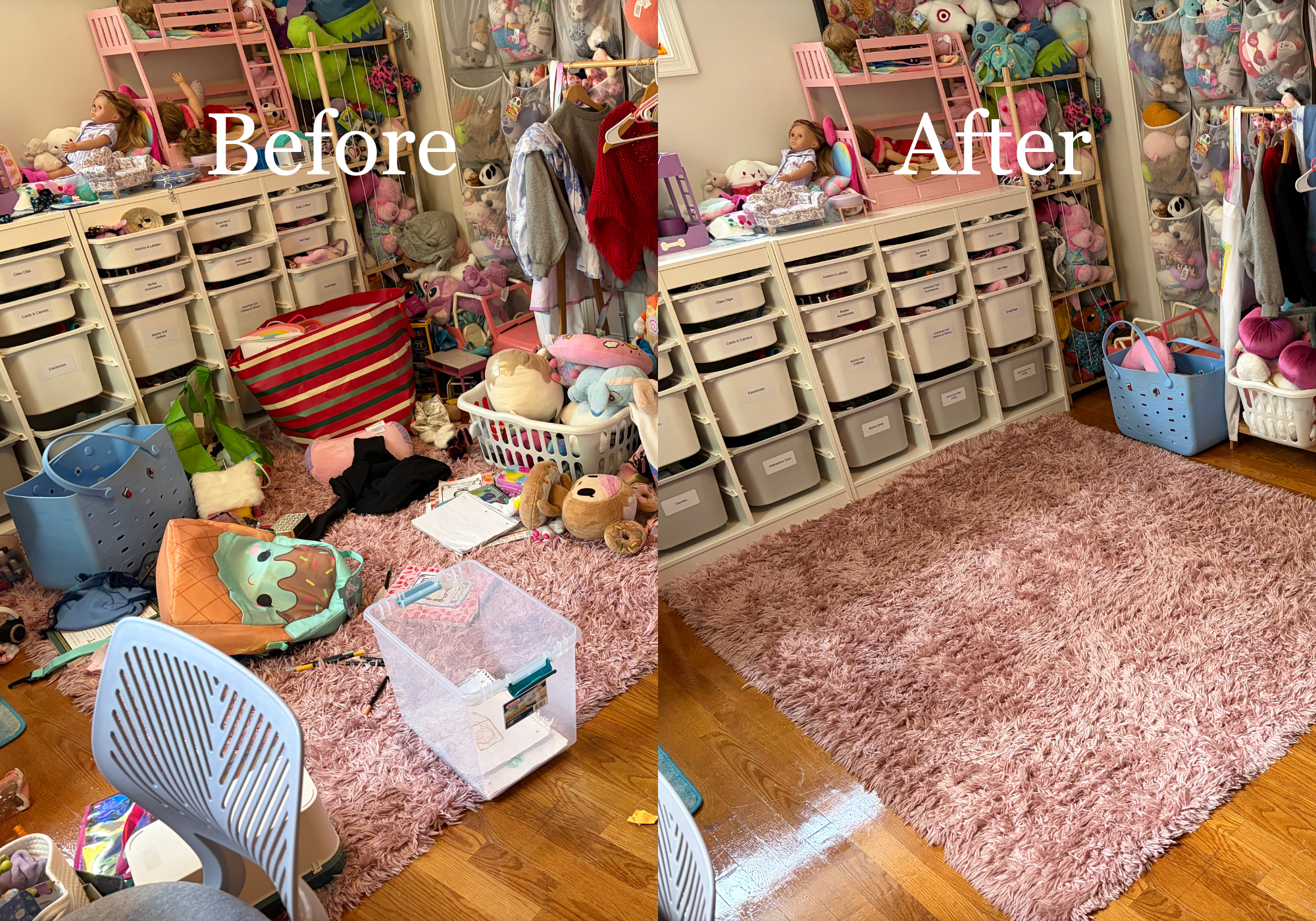 Side-by-side photos of a cluttered children's playroom before and after cleaning. The 'Before' photo shows toys, dolls, and stuffed animals scattered across a pink rug, with storage bins, a dollhouse, and clothing hanging on a rack. The 'After' photo