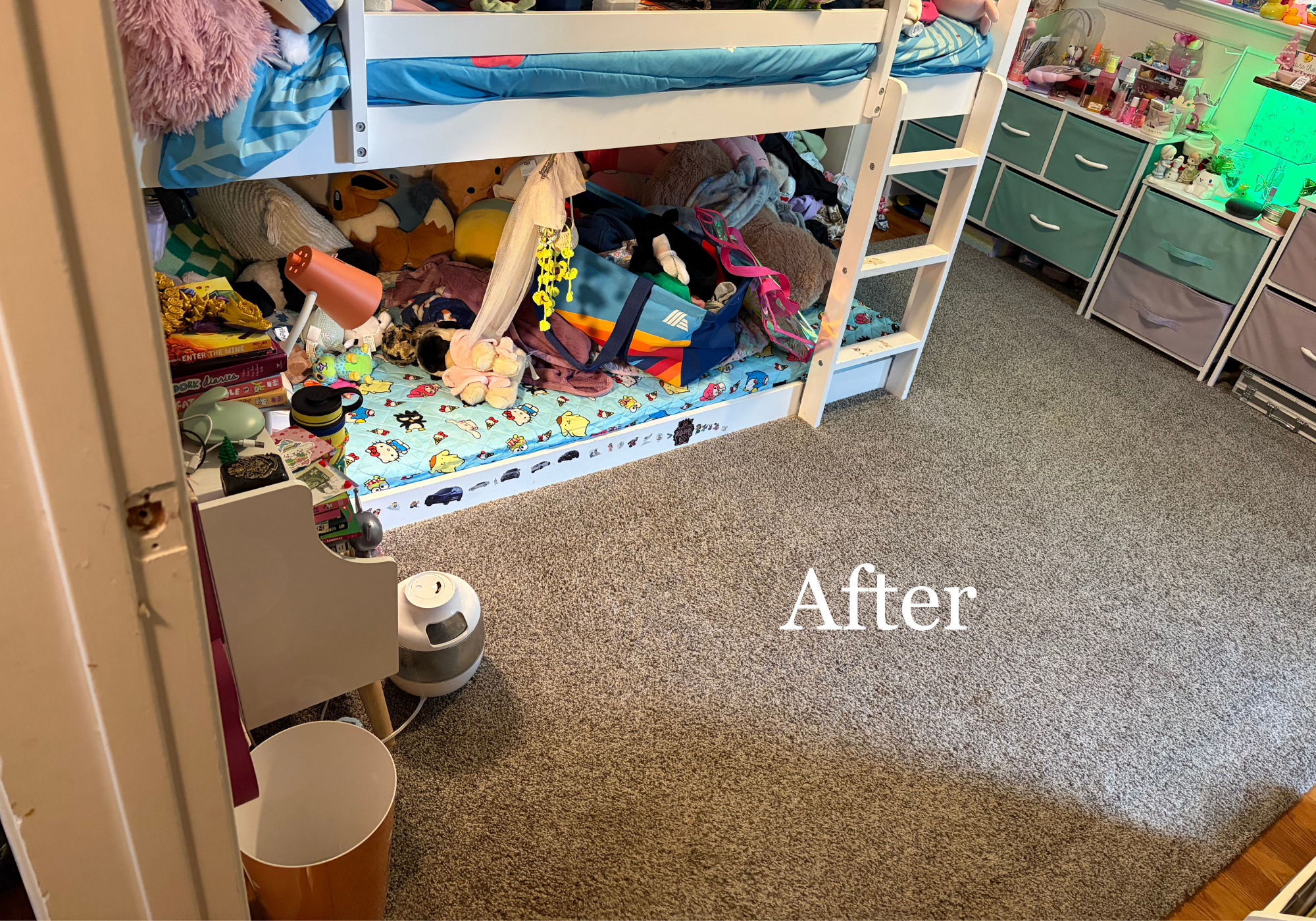 Organized children's bedroom with bunk bed, toys, books, and storage drawers, carpeted floor, and a note that says 'After'.