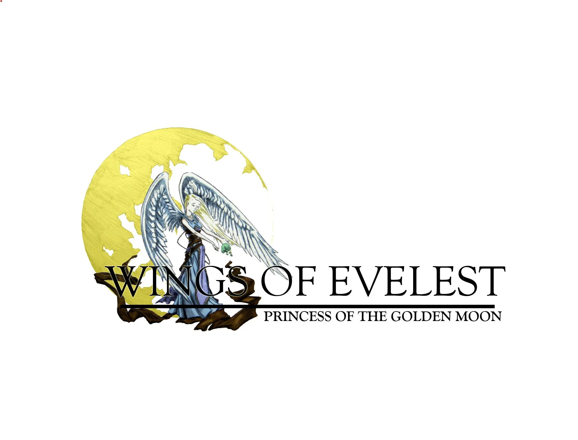 The image features a character with wings, holding a glowing green orb, sitting on a branch, with a large yellow moon in the background. The text reads "WINGS OF EVE" and "Princess of the Golden Moon."