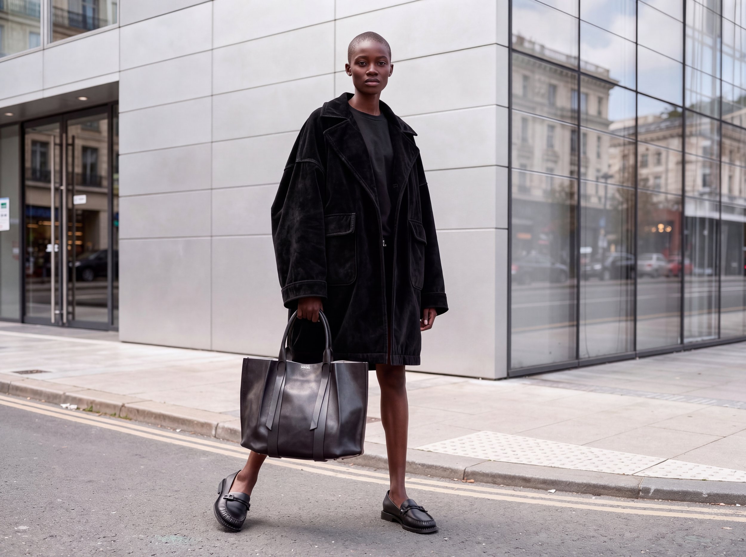 Donna con abbigliamento nero in piedi sulla strada, porta una borsa grande e si trova davanti a un edificio con pannelli di vetro.