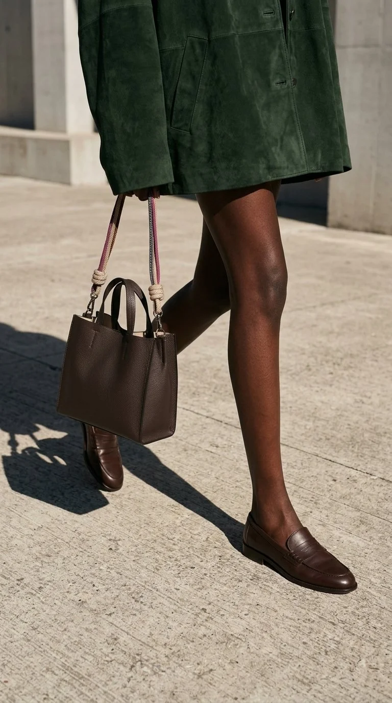 Persona femminile in gonna verde scuro, con calze nere opache, scarpe marroni in pelle e borsa marrone, cammina su un marciapiede.