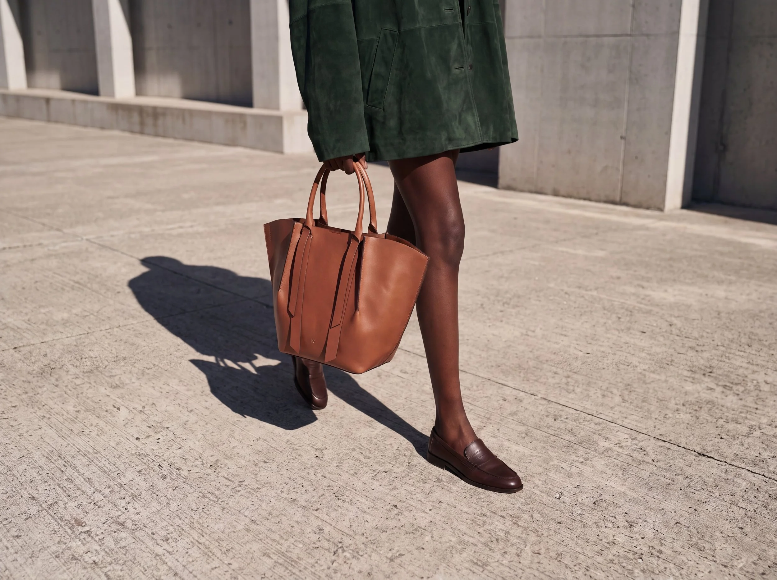 Una donna cammina con una borsa grande color marrone, indossa un cappotto verde scuro, calze e scarpe marroni, in un ambiente urbano con pareti di cemento.