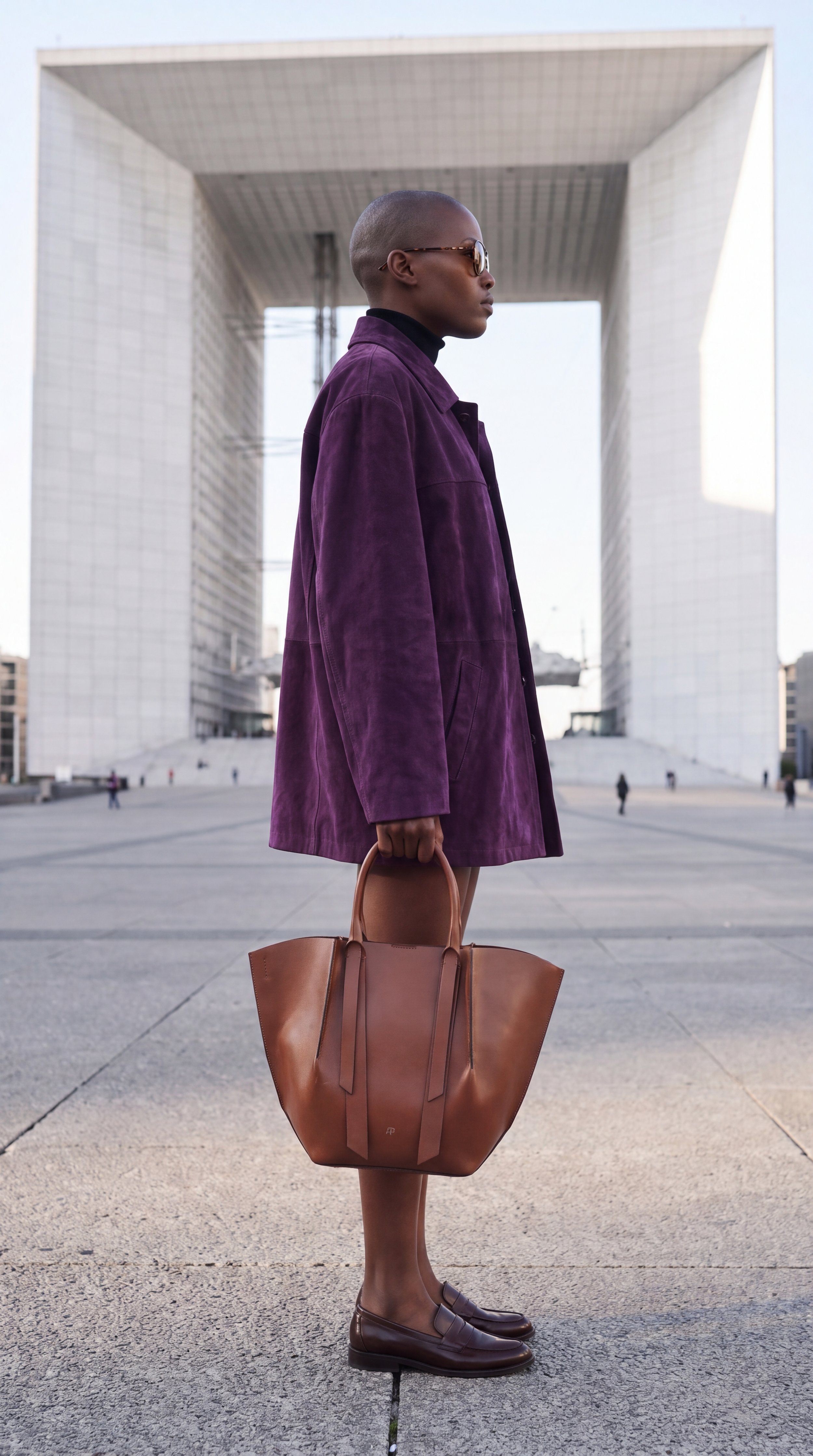 Persona con cappotto viola, occhiali da sole, con borsa grande di colore marrone e scarpe di cuoio, in una piazza con edificio moderno sullo sfondo.
