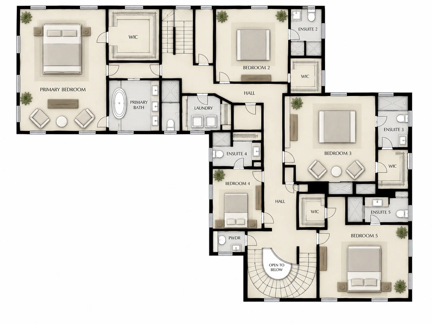 Floor plan of a large house with five bedrooms, multiple bathrooms, walk-in closets, and a laundry area, featuring various living spaces and a staircase at the center.