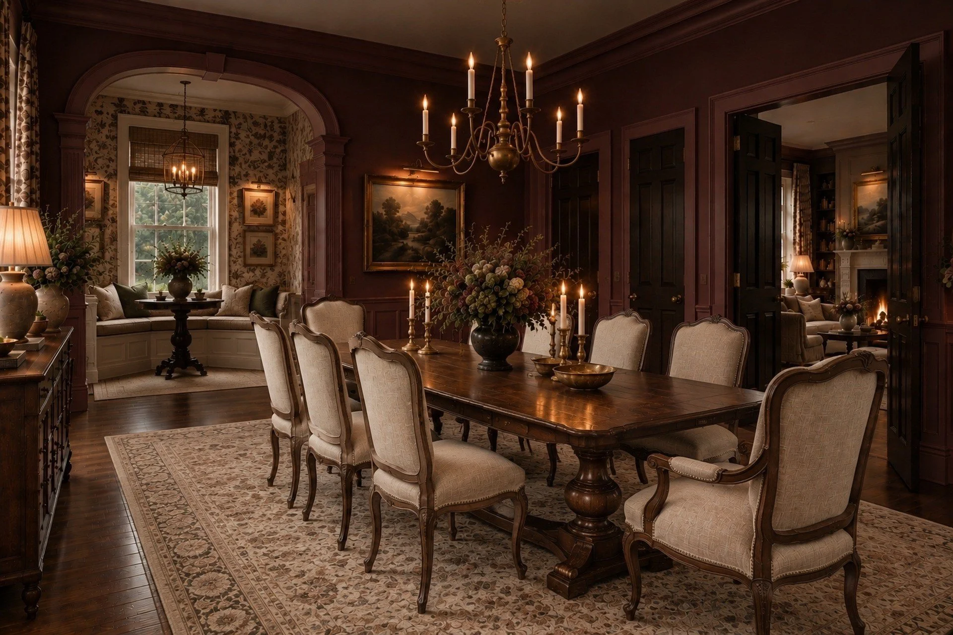 A formal dining room with a wooden table surrounded by upholstered chairs, decorated with a large floral centerpiece and candles. The background shows a sitting nook beneath a window with floral wallpaper and framed artwork. A chandelier hangs above 