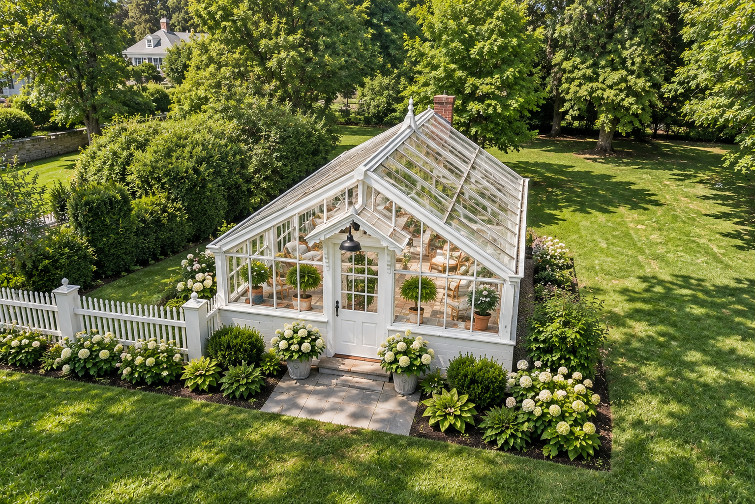 A glass greenhouse with a white wooden frame surrounded by a garden with lush green grass, flowering plants, and trees. Inside the greenhouse, there are chairs and potted plants, with sunlight coming through the glass panels.