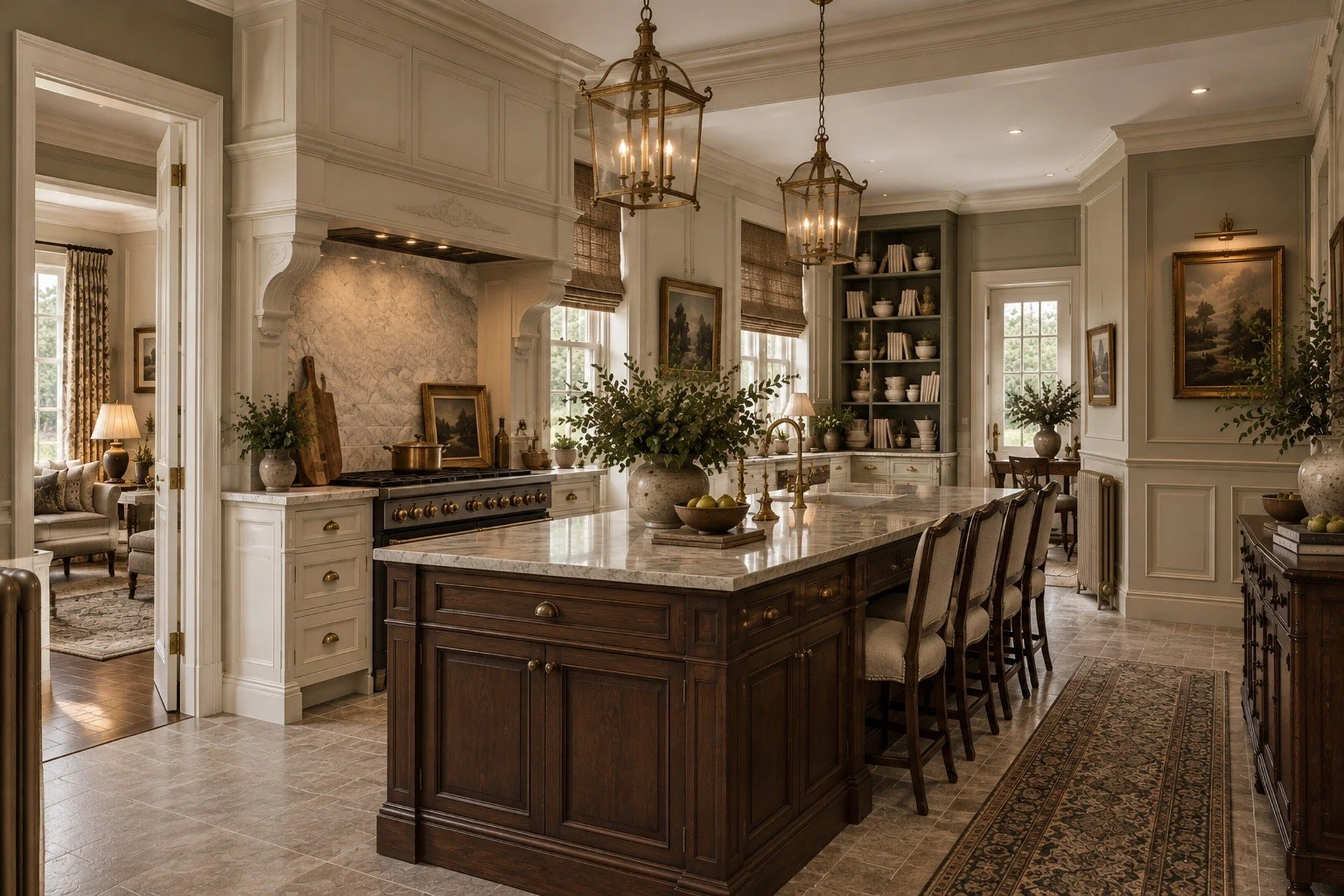 A spacious, elegant kitchen with white and dark wood cabinetry, marble countertops, two brass lantern pendant lights, and built-in shelves filled with dishes and books. The walls are decorated with framed landscape paintings, and there are large wind