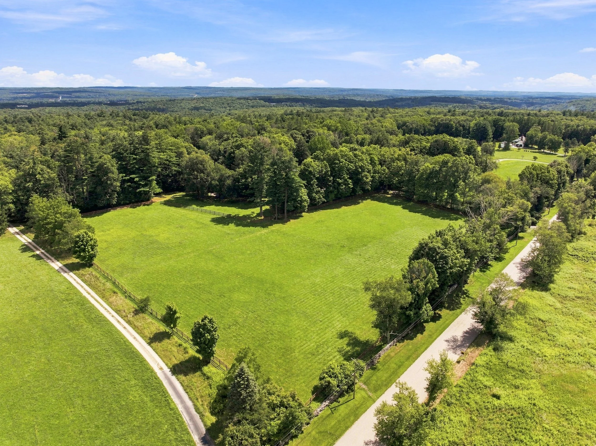 Aerial view of lush green fields, scattered trees, and a wooded area under a blue sky with some clouds.